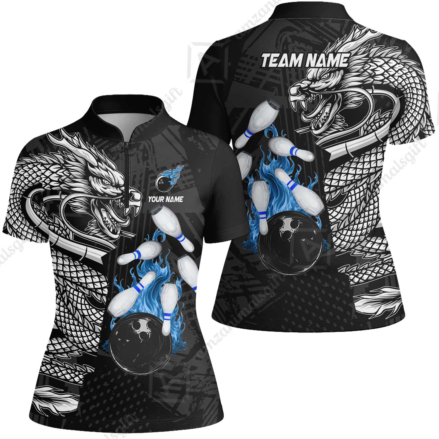 Custom Bowling Team Jerseys Polo Shirts, Bowling uniforms Bowling & Pins Dragon Flame Fire Multicolor Options Personalized Name And Team Name - Image 46