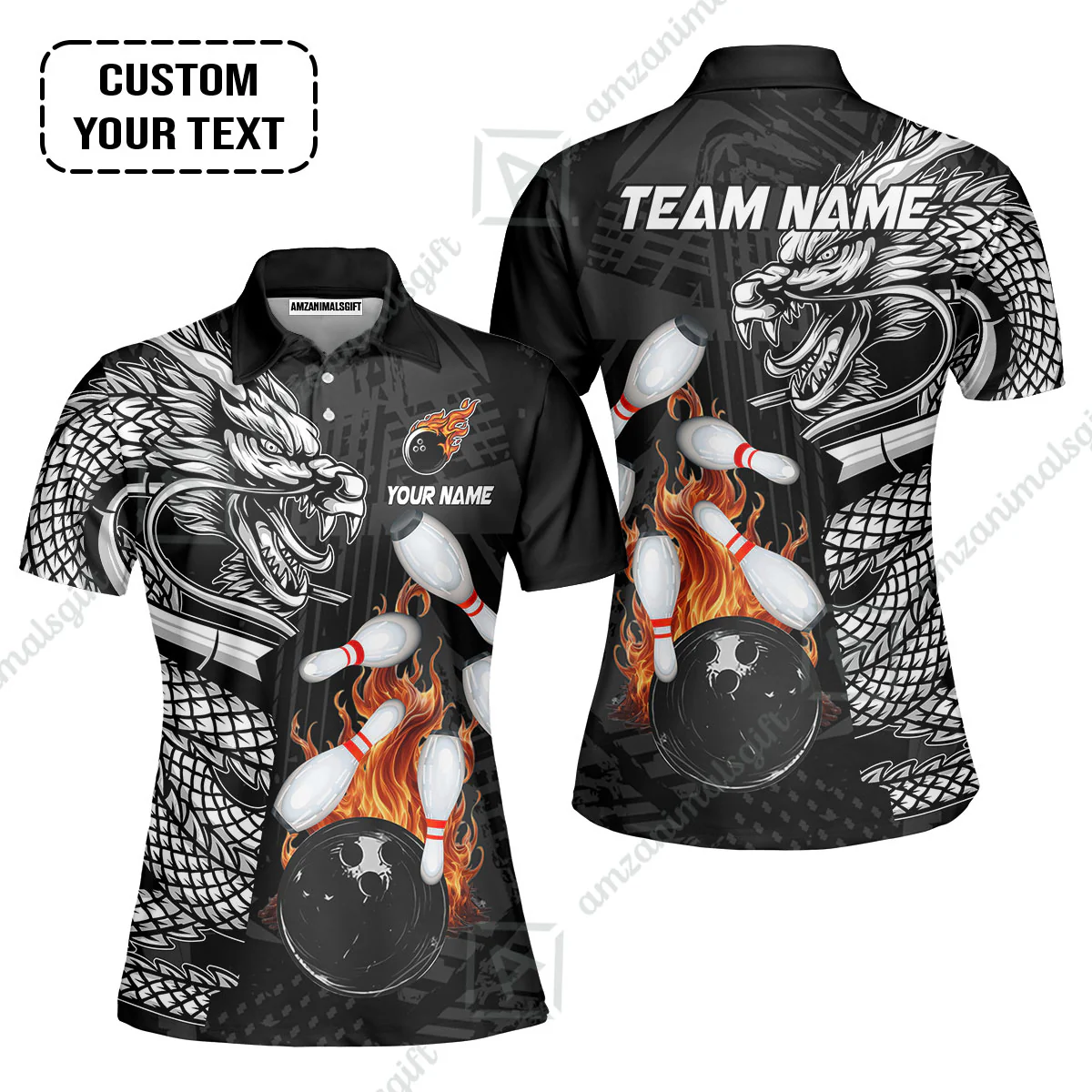 Custom Bowling Team Jerseys Polo Shirts, Bowling uniforms Bowling & Pins Dragon Flame Fire Multicolor Options Personalized Name And Team Name - Image 5