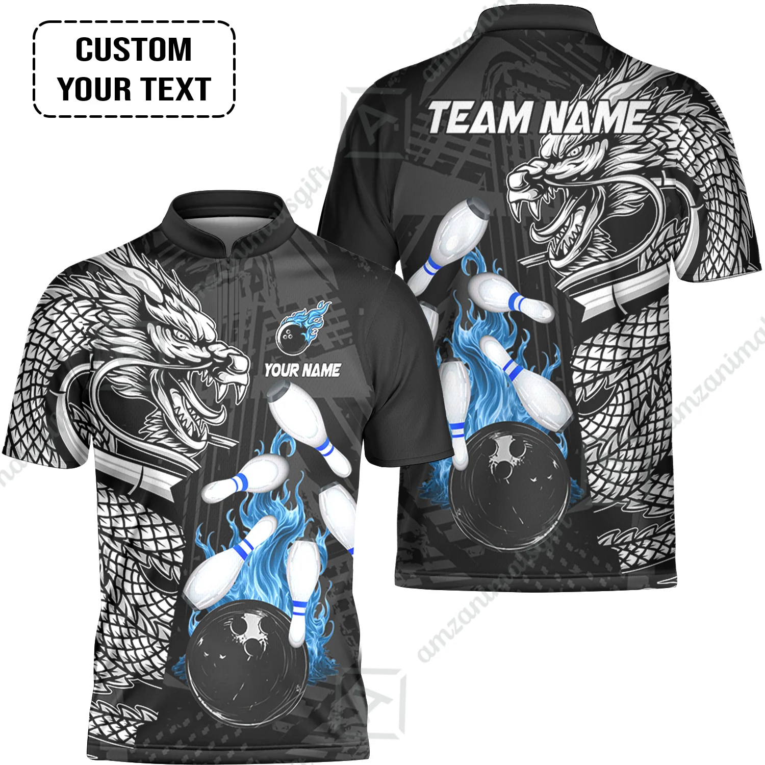 Custom Bowling Team Jerseys Polo Shirts, Bowling uniforms Bowling & Pins Dragon Flame Fire Multicolor Options Personalized Name And Team Name - Image 8