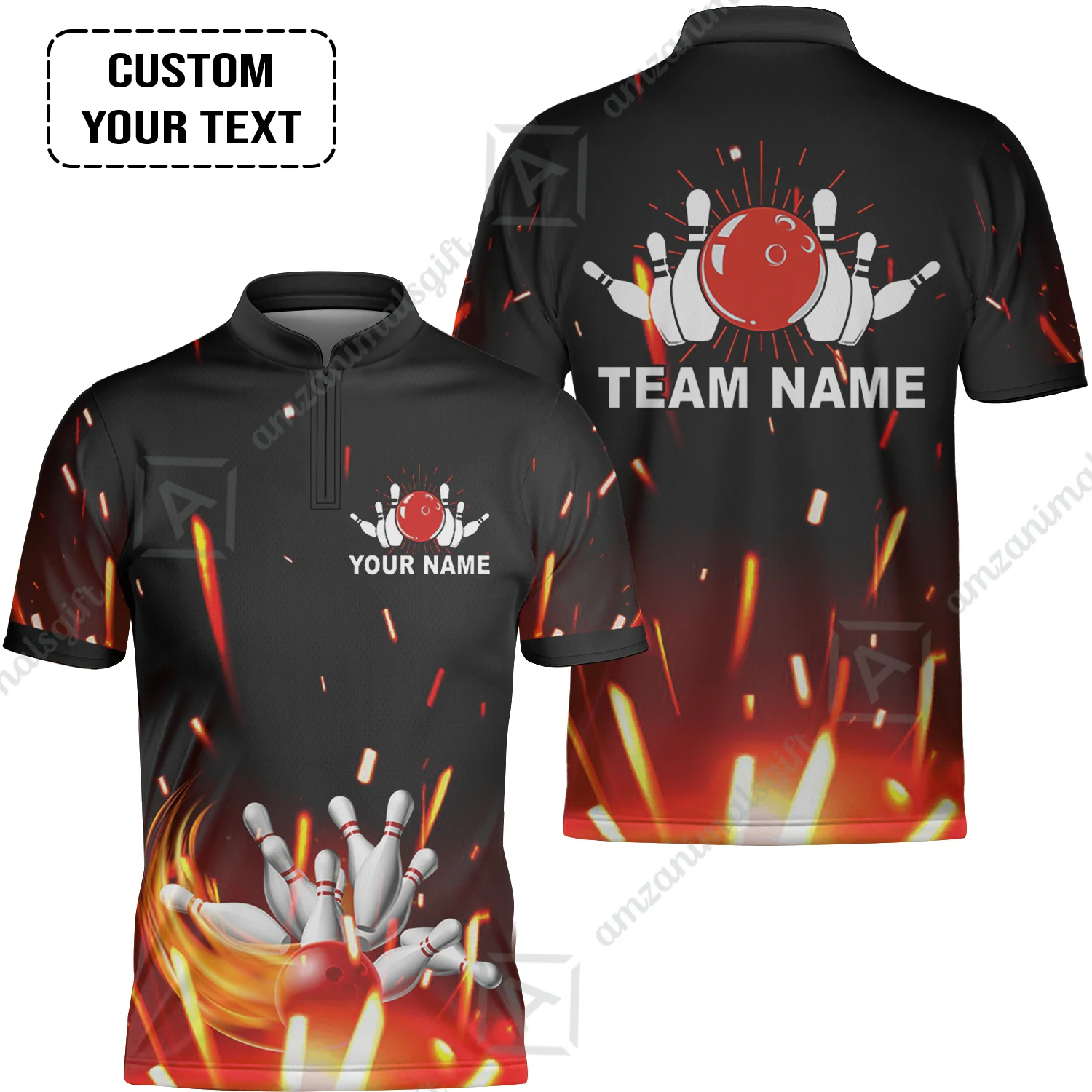 Custom Bowling Team Jerseys Polo Shirts, Bowling uniforms Flame Bowling Ball And Pins Short Sleeve Polo For Men Women Bowlers