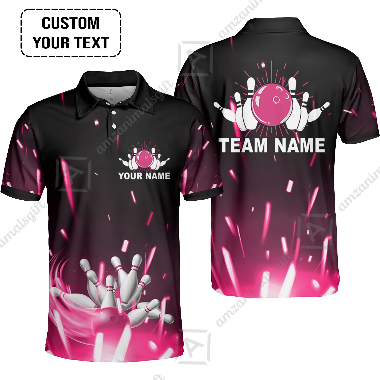 Custom Bowling Team Jerseys Polo Shirts, Bowling uniforms Flame Bowling Ball And Pins Short Sleeve Polo For Men Women Bowlers - Image 13