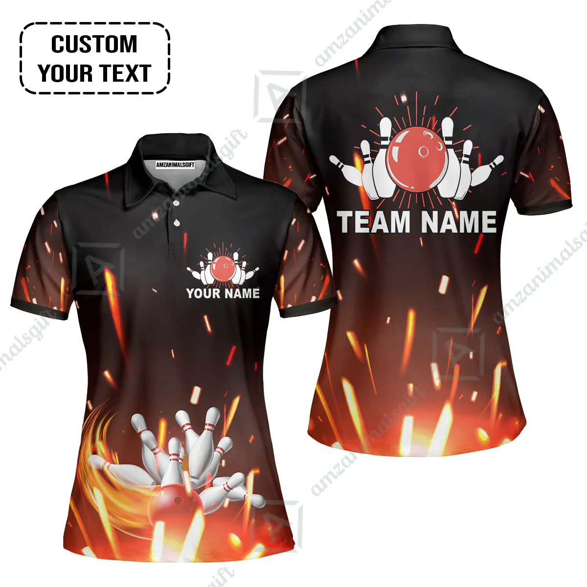 Custom Bowling Team Jerseys Polo Shirts, Bowling uniforms Flame Bowling Ball And Pins Short Sleeve Polo For Men Women Bowlers - Image 2