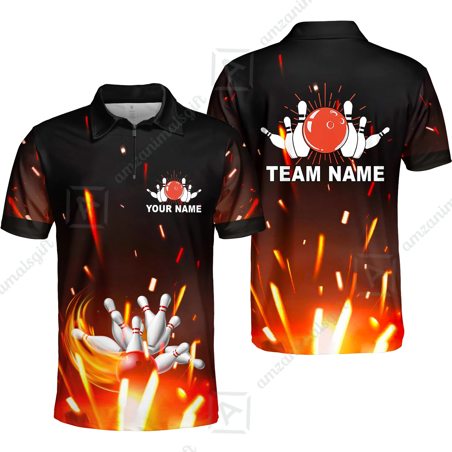 Custom Bowling Team Jerseys Polo Shirts, Bowling uniforms Flame Bowling Ball And Pins Short Sleeve Polo For Men Women Bowlers - Image 26