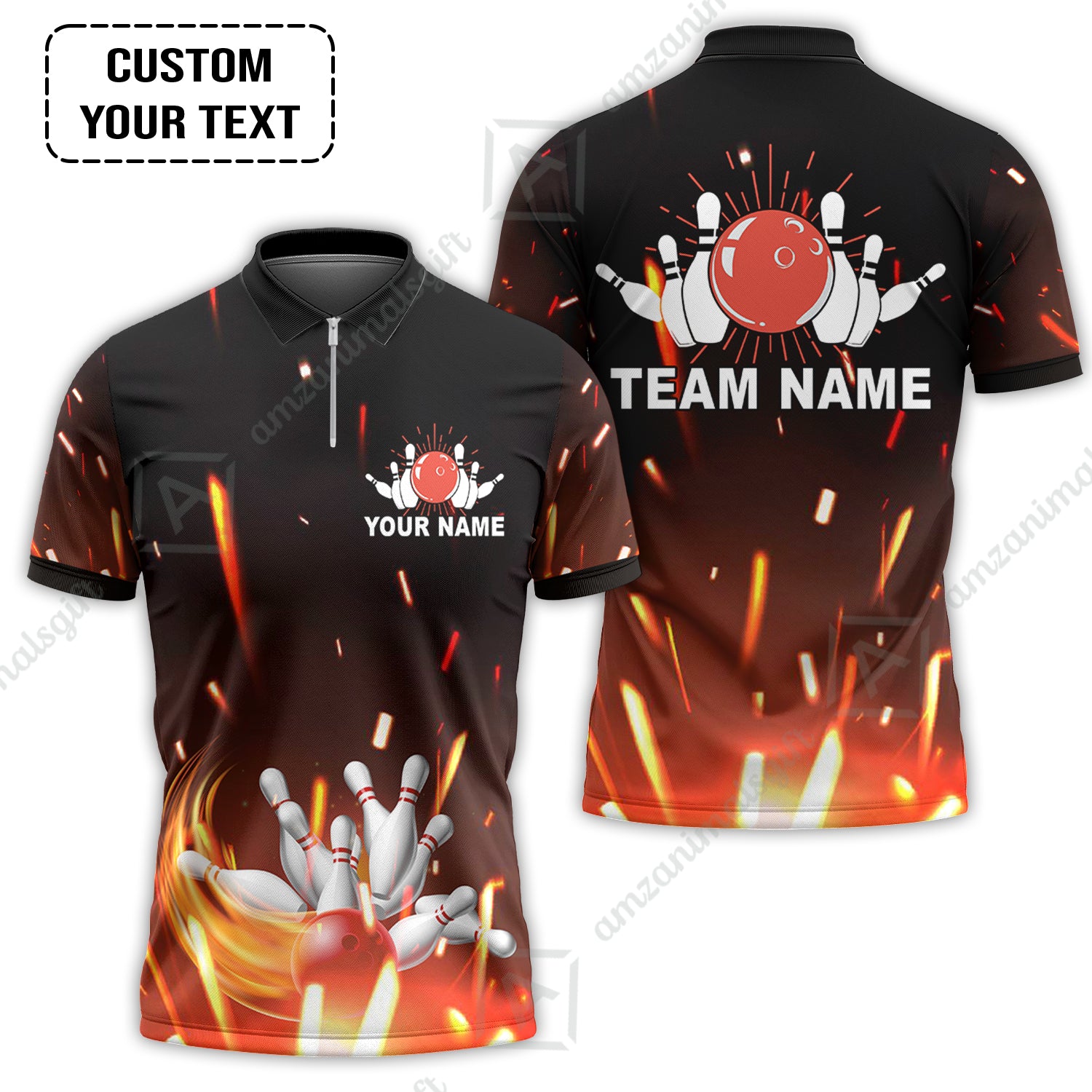 Custom Bowling Team Jerseys Polo Shirts, Bowling uniforms Flame Bowling Ball And Pins Short Sleeve Polo For Men Women Bowlers - Image 3