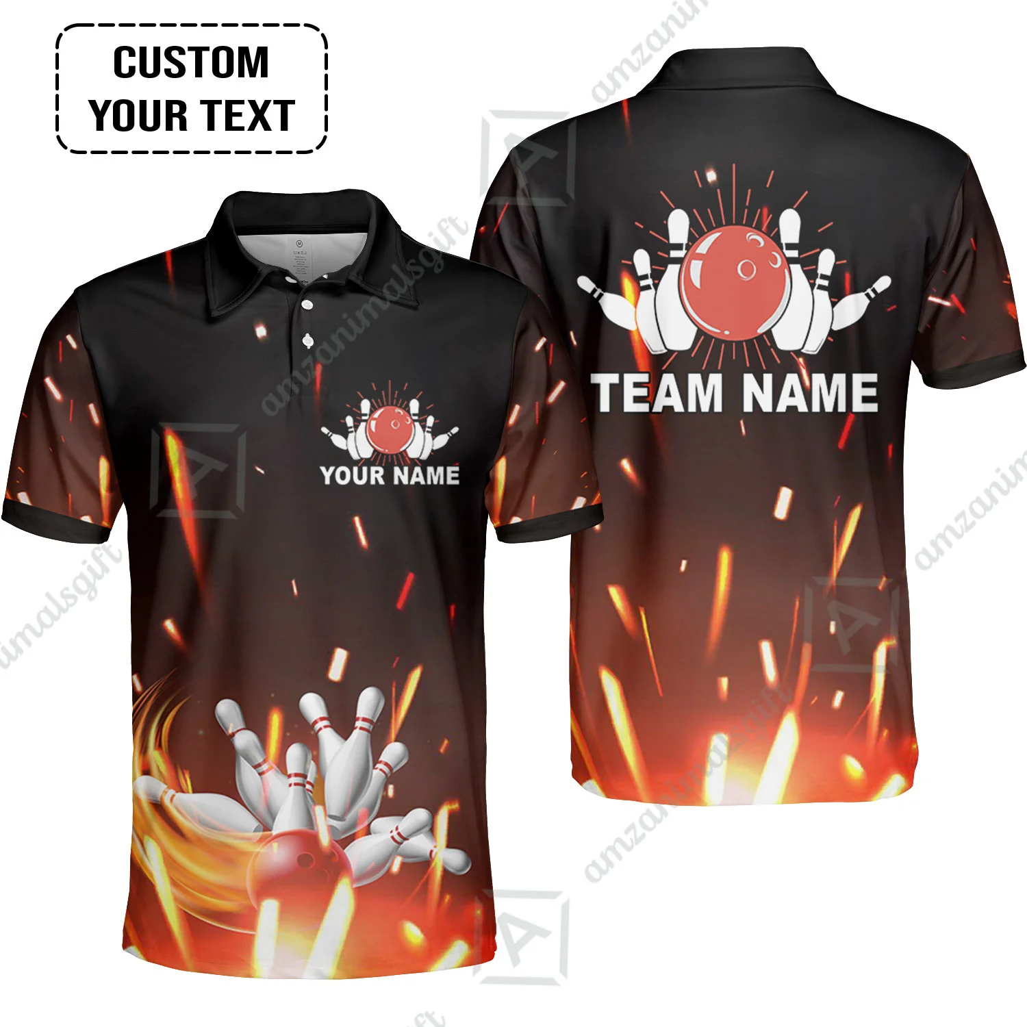 Custom Bowling Team Jerseys Polo Shirts, Bowling uniforms Flame Bowling Ball And Pins Short Sleeve Polo For Men Women Bowlers - Image 4