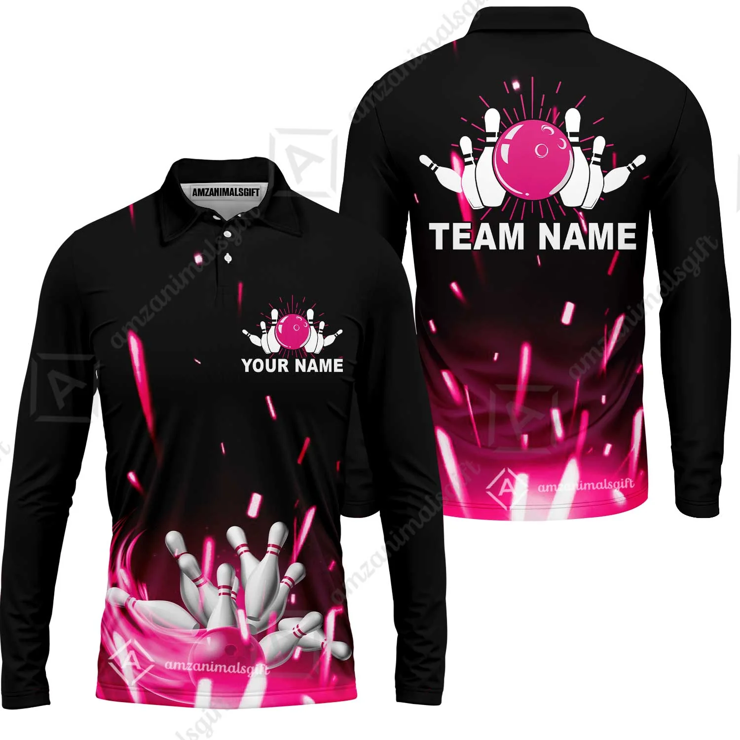Custom Bowling Team Jerseys Polo Shirts, Bowling uniforms Flame Bowling Ball And Pins Short Sleeve Polo For Men Women Bowlers - Image 41