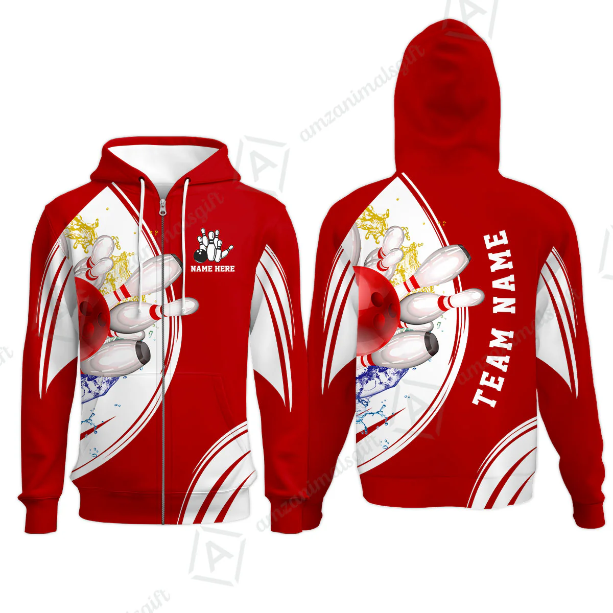 Custom Bowling Team Zip Hoodie, Custom Cyan Red Blue Bowling Uniforms Jerseys, Personalized Name And Team Name - Image 2