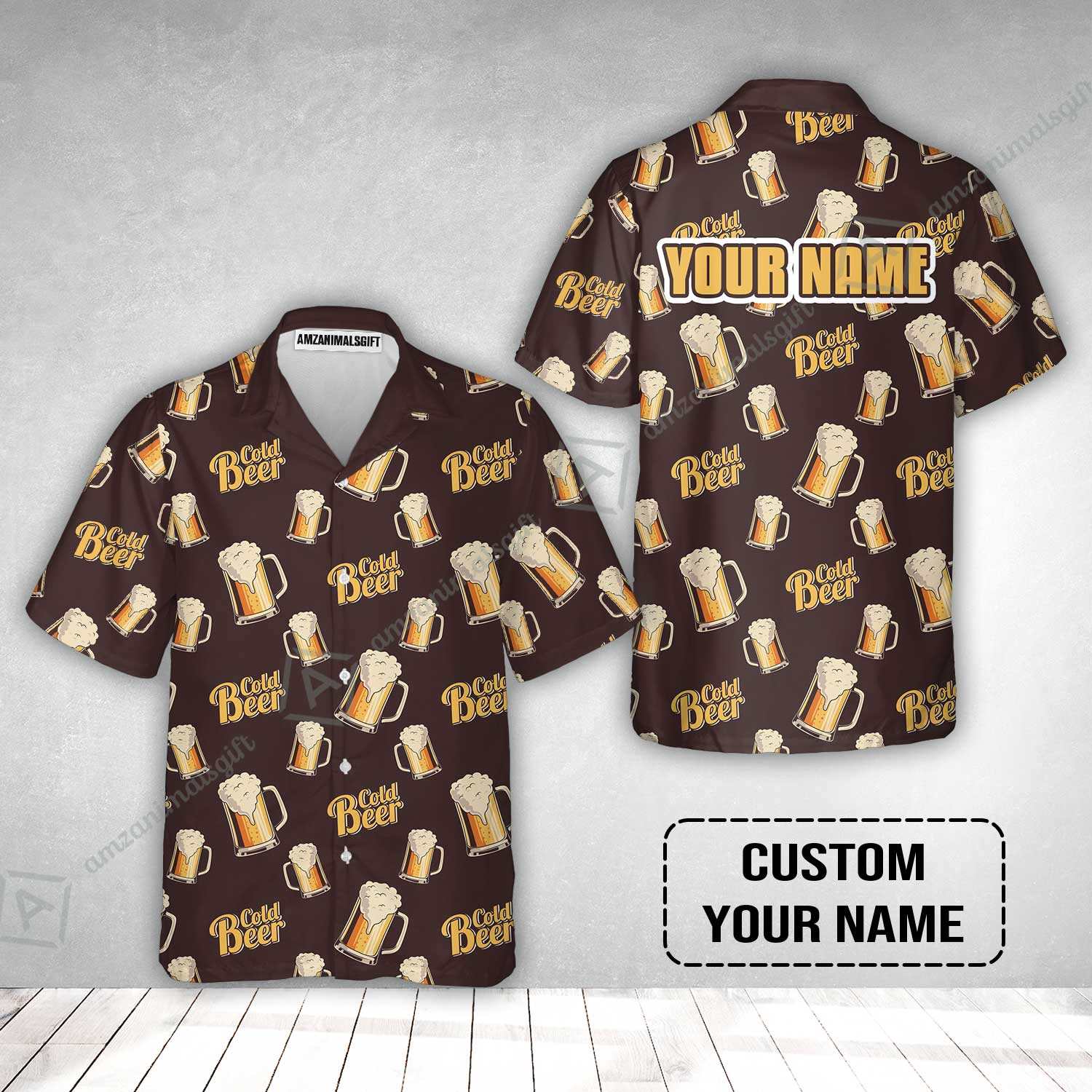 Custom Brown Cold Beer Pattern Design Oktoberfest Beer Festival Performance Hawaiian Shirt - Image 2