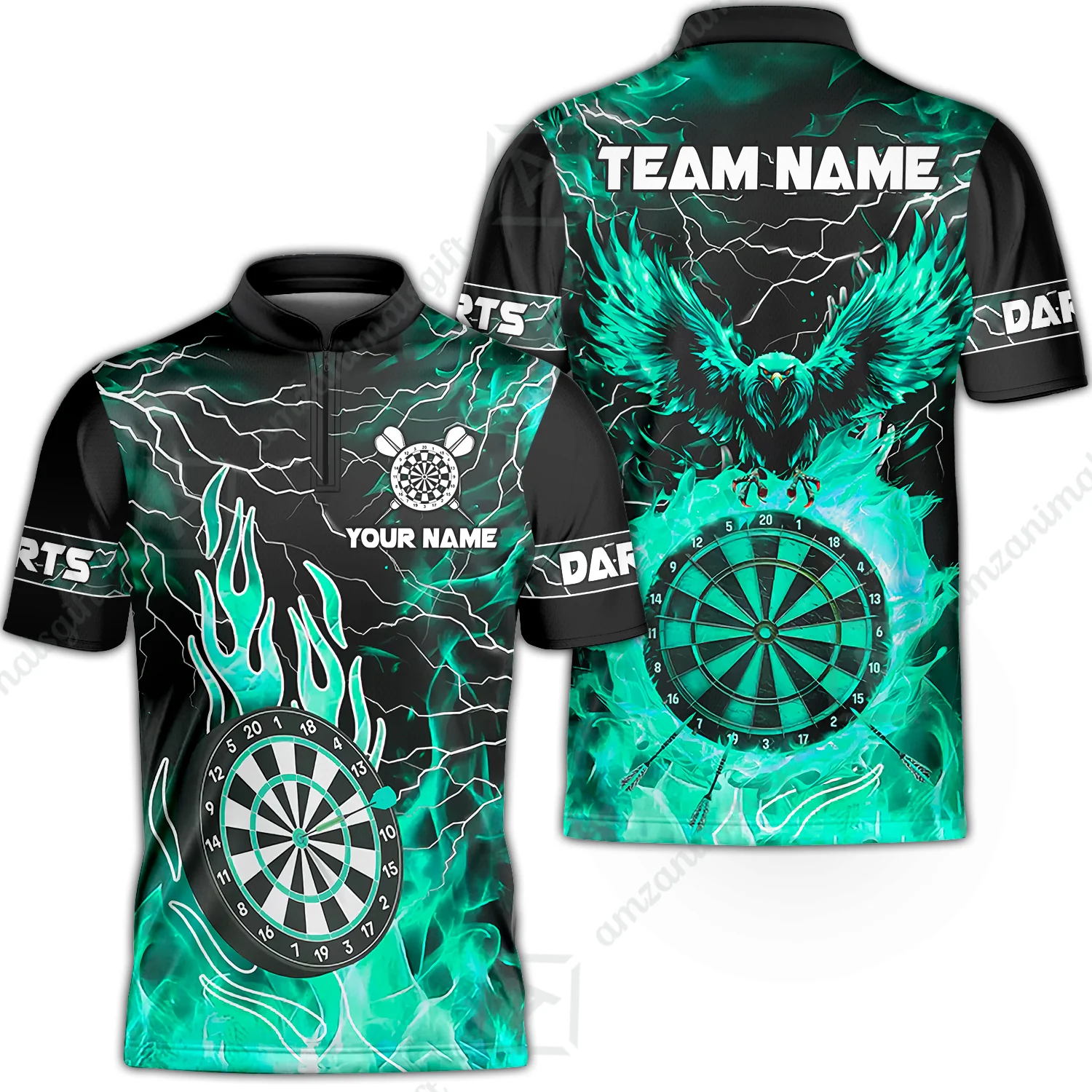 Custom Darts Team Jersey, Dartboard Fire Flame Custom Eagle Darts Jersey Polo Quarter-Zip Shirts, Custom Name And Team Name Darts Uniforms Jersey