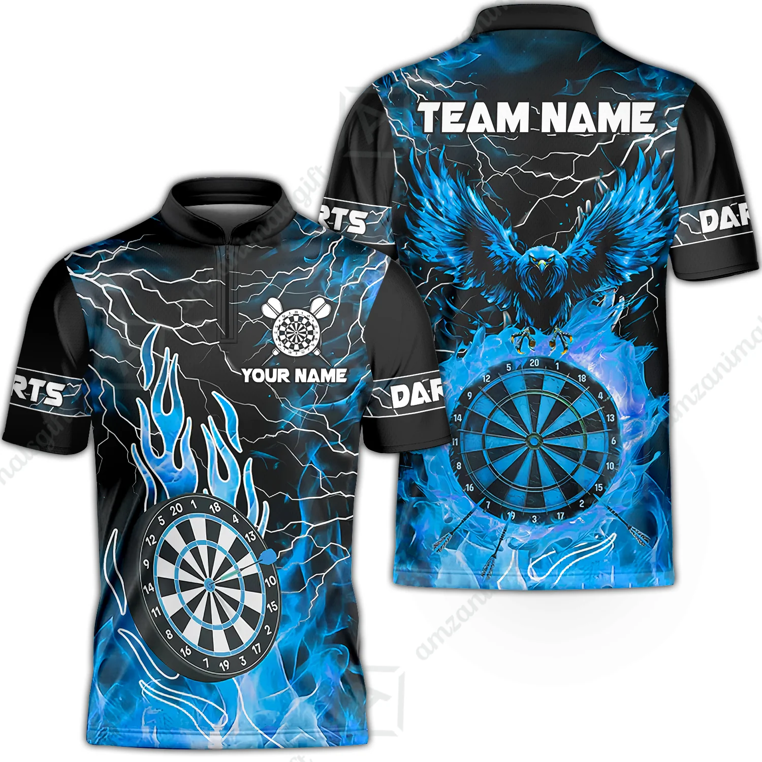 Custom Darts Team Jersey, Dartboard Fire Flame Custom Eagle Darts Jersey Polo Quarter-Zip Shirts, Custom Name And Team Name Darts Uniforms Jersey - Image 2