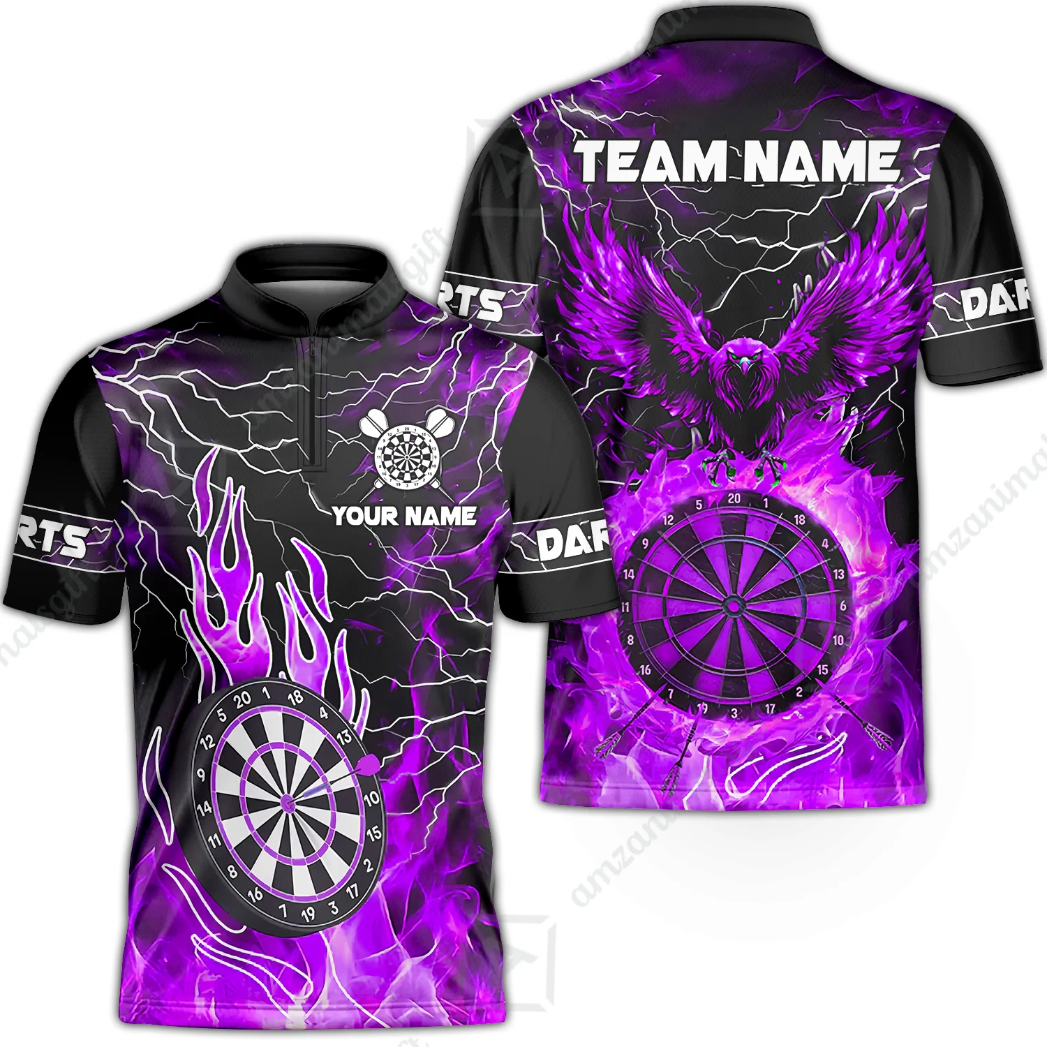 Custom Darts Team Jersey, Dartboard Fire Flame Custom Eagle Darts Jersey Polo Quarter-Zip Shirts, Custom Name And Team Name Darts Uniforms Jersey - Image 4