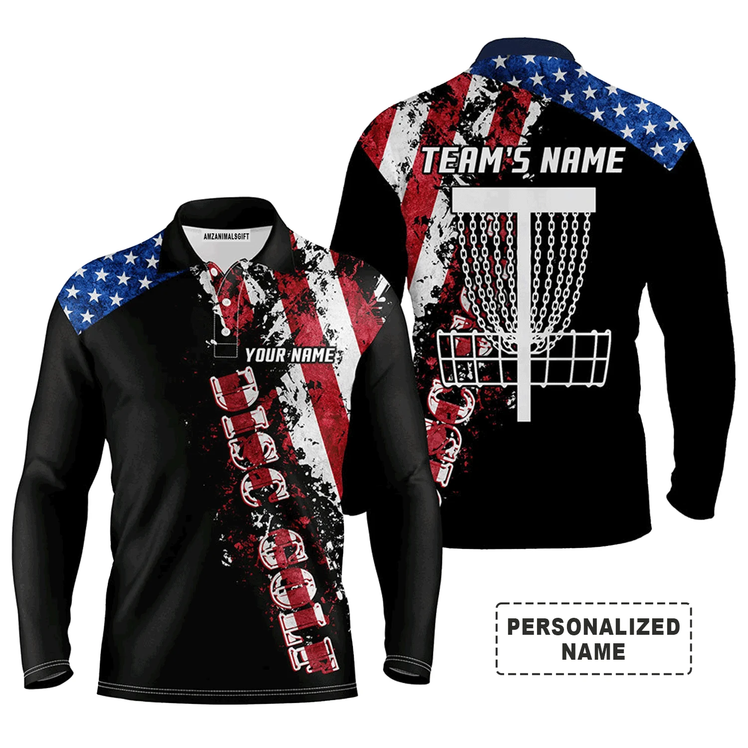 Custom Disc Golf Long Sleeve Men Polo Shirt - American Flag Disc Golf Basket Apparel - Personalized Gift For Men, Disc Golf Lover - Image 2