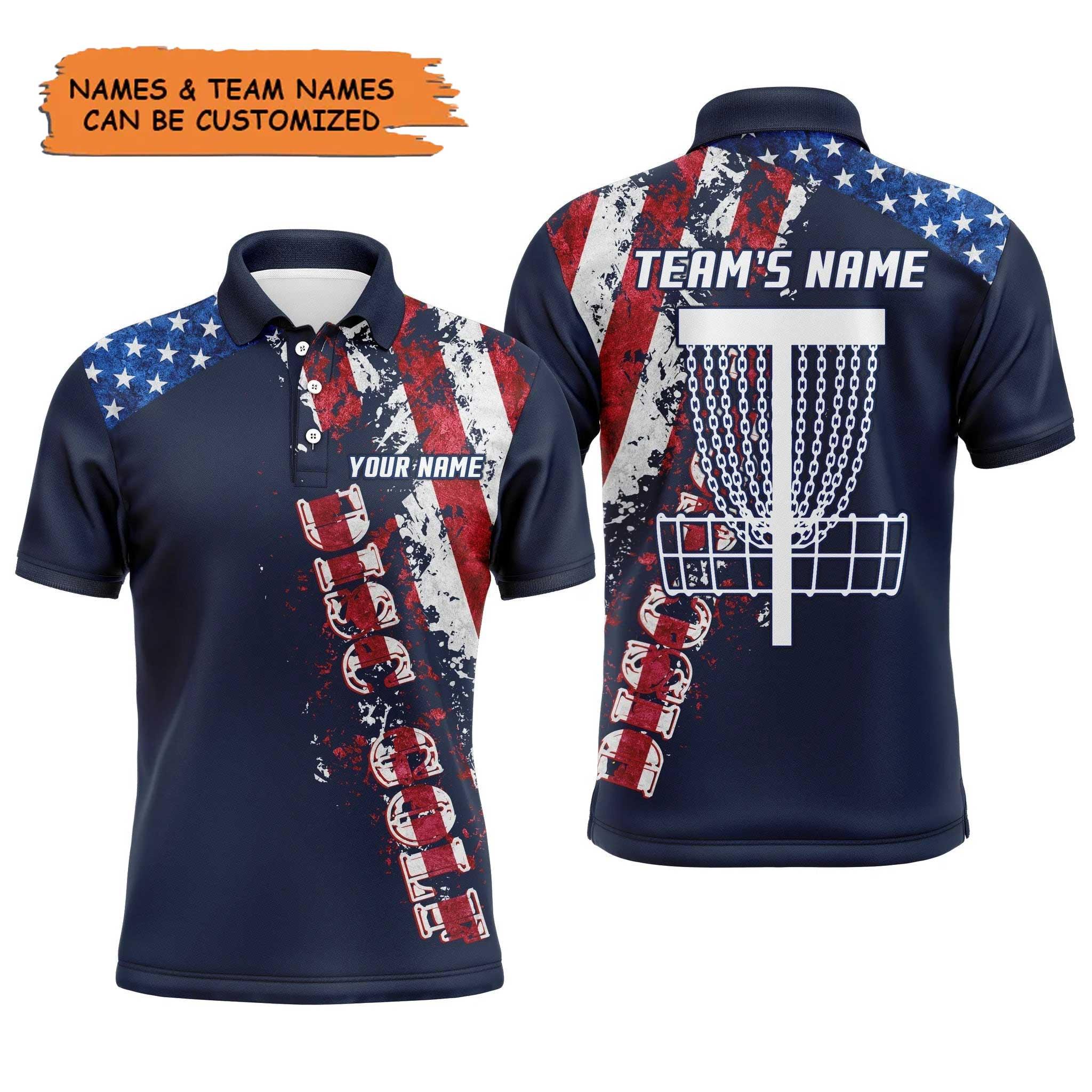 Custom Disc Golf Long Sleeve Men Polo Shirt - American Flag Disc Golf Basket Apparel - Personalized Gift For Men, Disc Golf Lover - Image 3