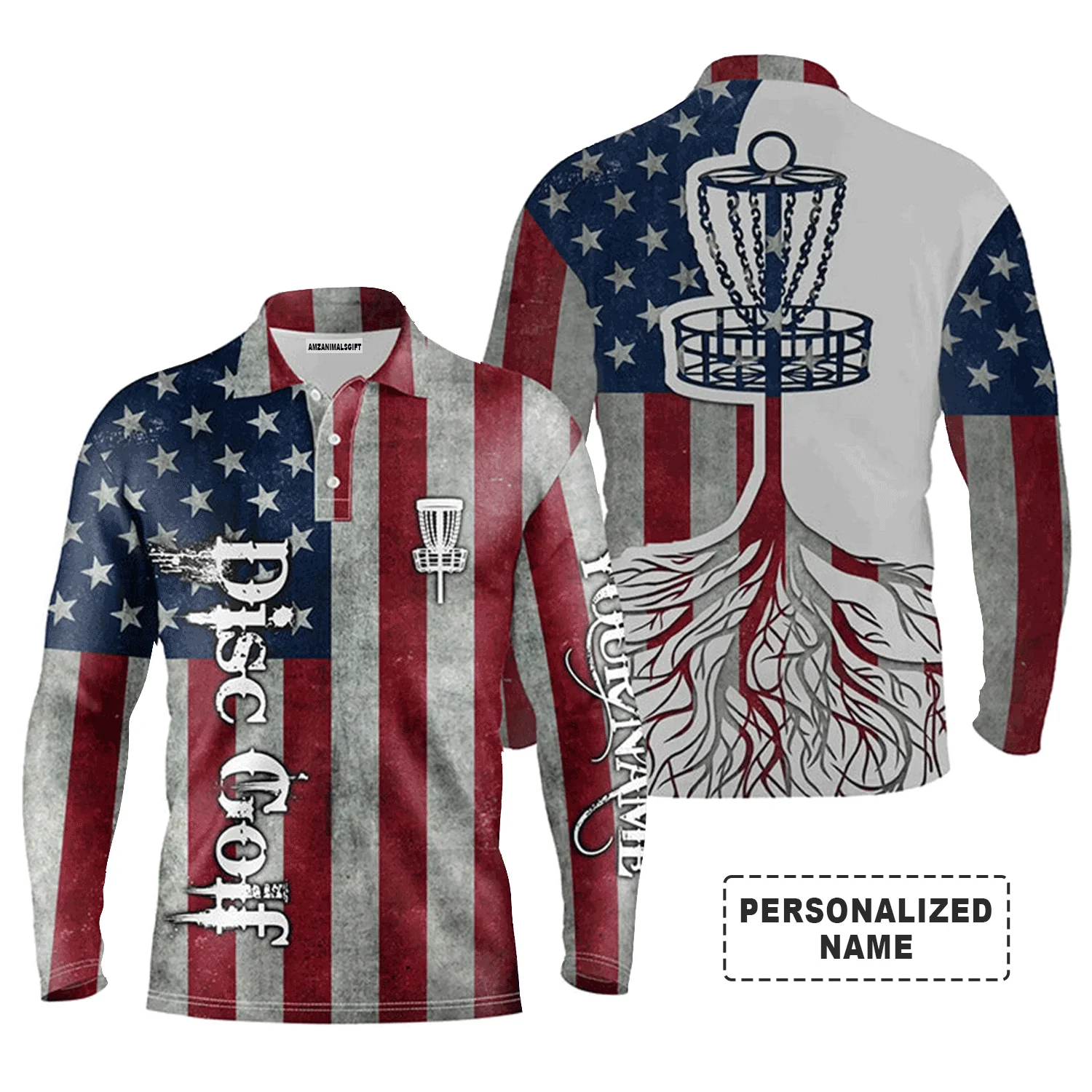 Custom Disc Golf Long Sleeve Men Polo Shirt- Custom Name American Flag Disc Golf Basket Apparel Men Polo Shirt For Disc Golf Lover - Image 2
