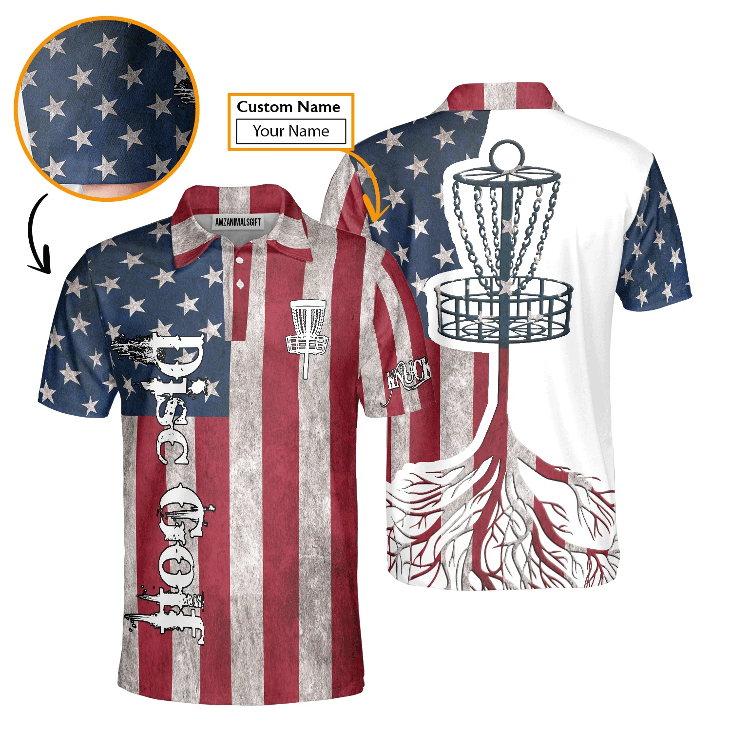Custom Disc Golf Long Sleeve Men Polo Shirt- Custom Name American Flag Disc Golf Basket Apparel Men Polo Shirt For Disc Golf Lover - Image 3
