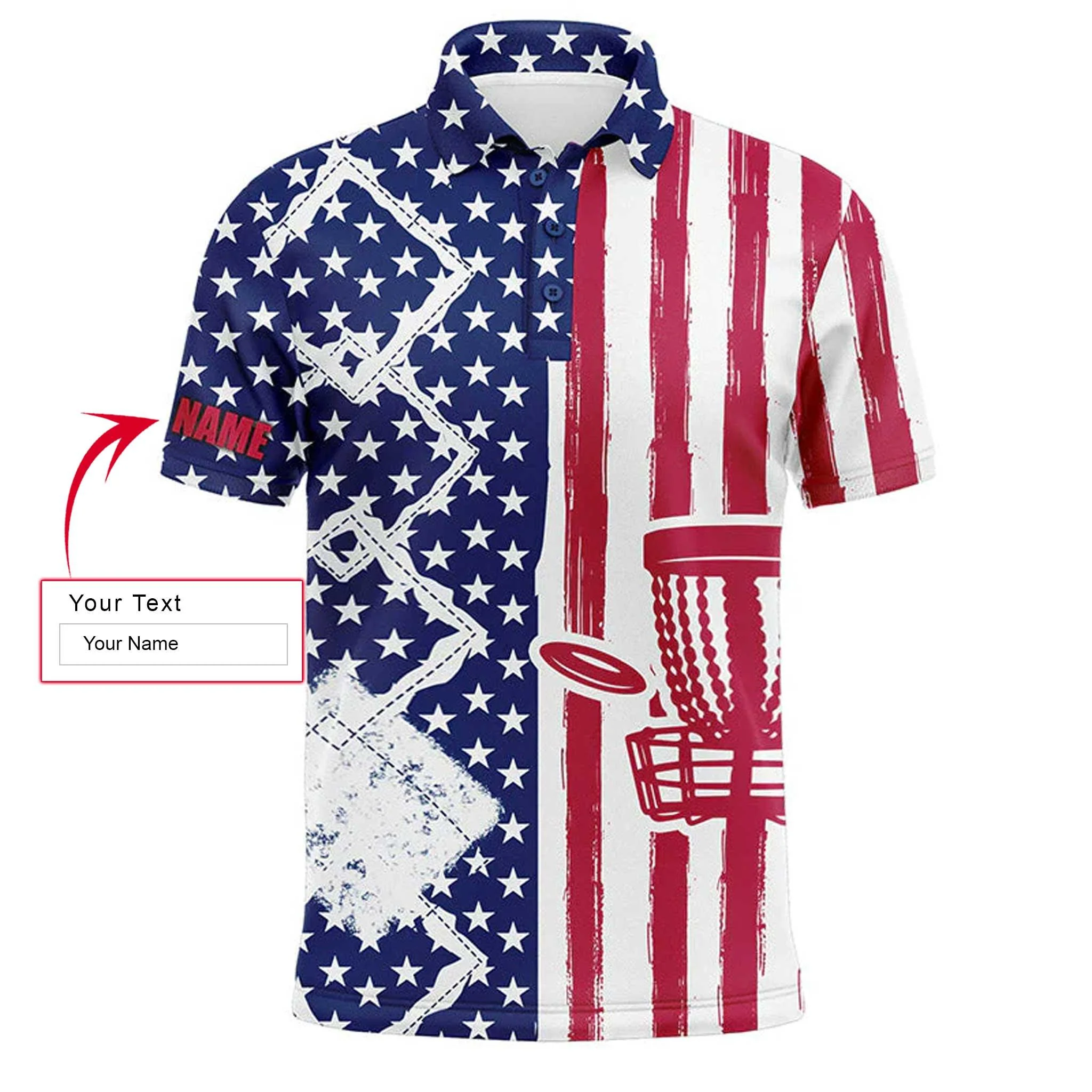 Custom Disc Golf Long Sleeve Men Polo Shirt- Custom Name American Flag Disc Golf Basket Apparel Men Polo Shirt For Disc Golf Lover - Image 3
