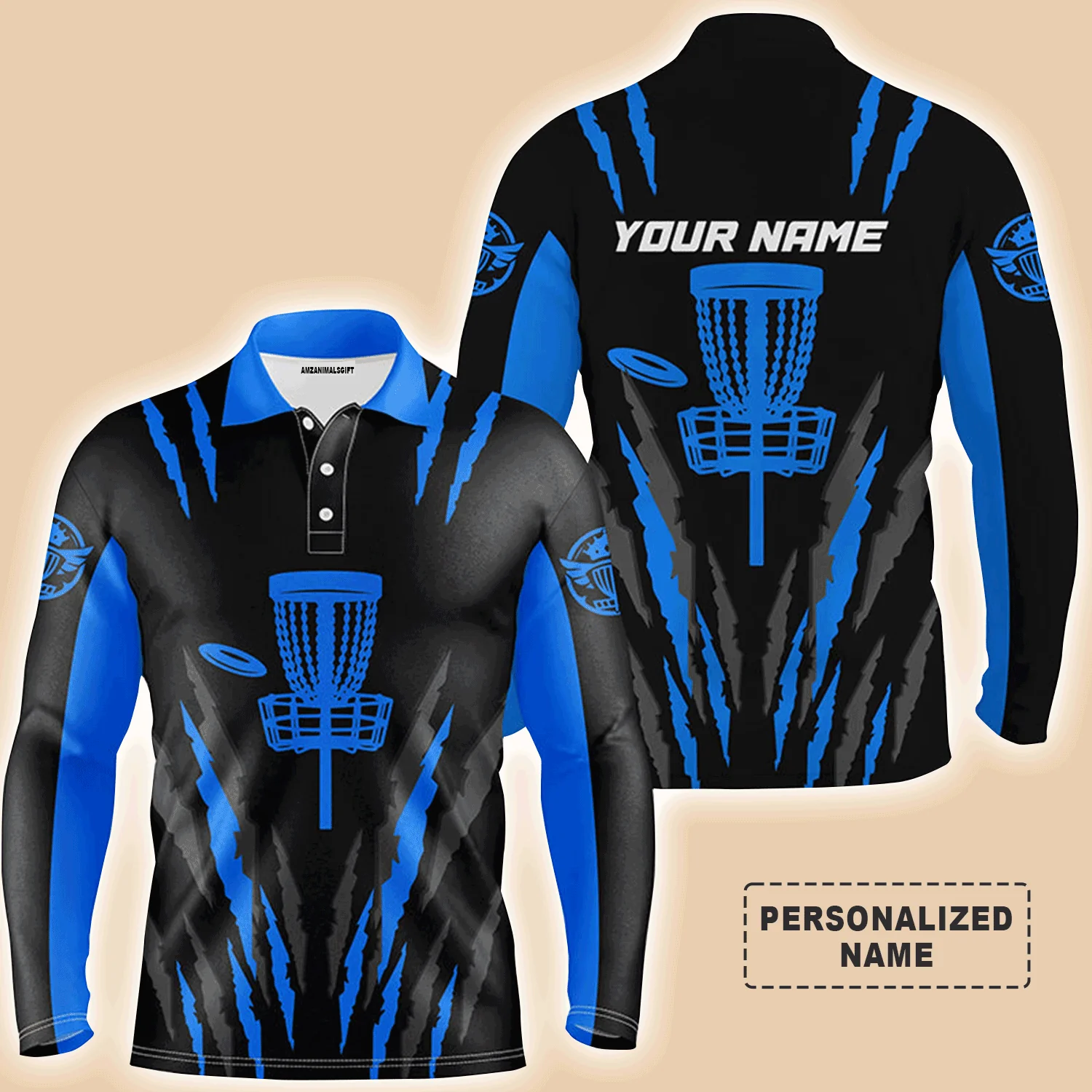 Custom Disc Golf Long Sleeve Men Polo Shirt - Custom Name Black And Blue Disc Golf Basket Apparel Men Polo Shirt For Men, Disc Golf Lover