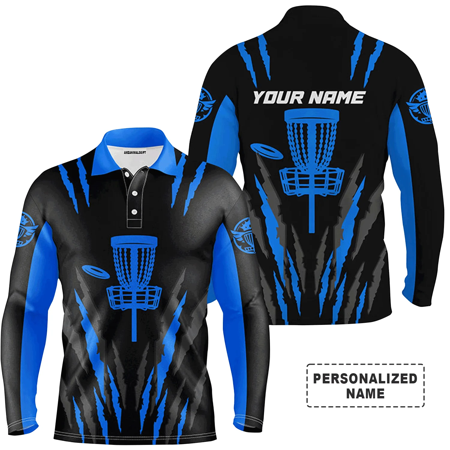 Custom Disc Golf Long Sleeve Men Polo Shirt - Custom Name Black And Blue Disc Golf Basket Apparel Men Polo Shirt For Men, Disc Golf Lover - Image 2