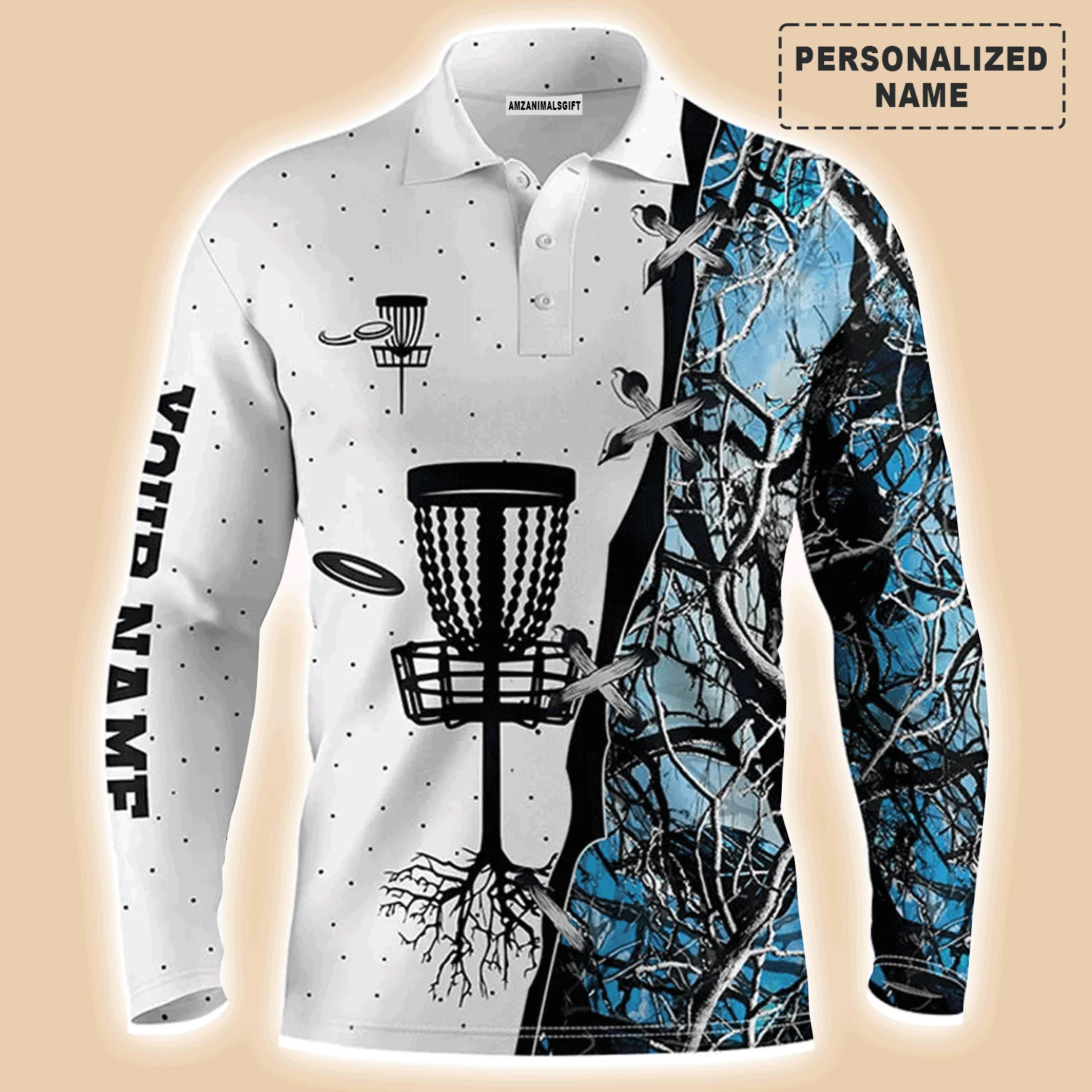 Custom Disc Golf Long Sleeve Men Polo Shirt - Custom Name Blue Black Camo Disc Golf Basket Apparel Men Polo Shirt For Men, Disc Golf Lover