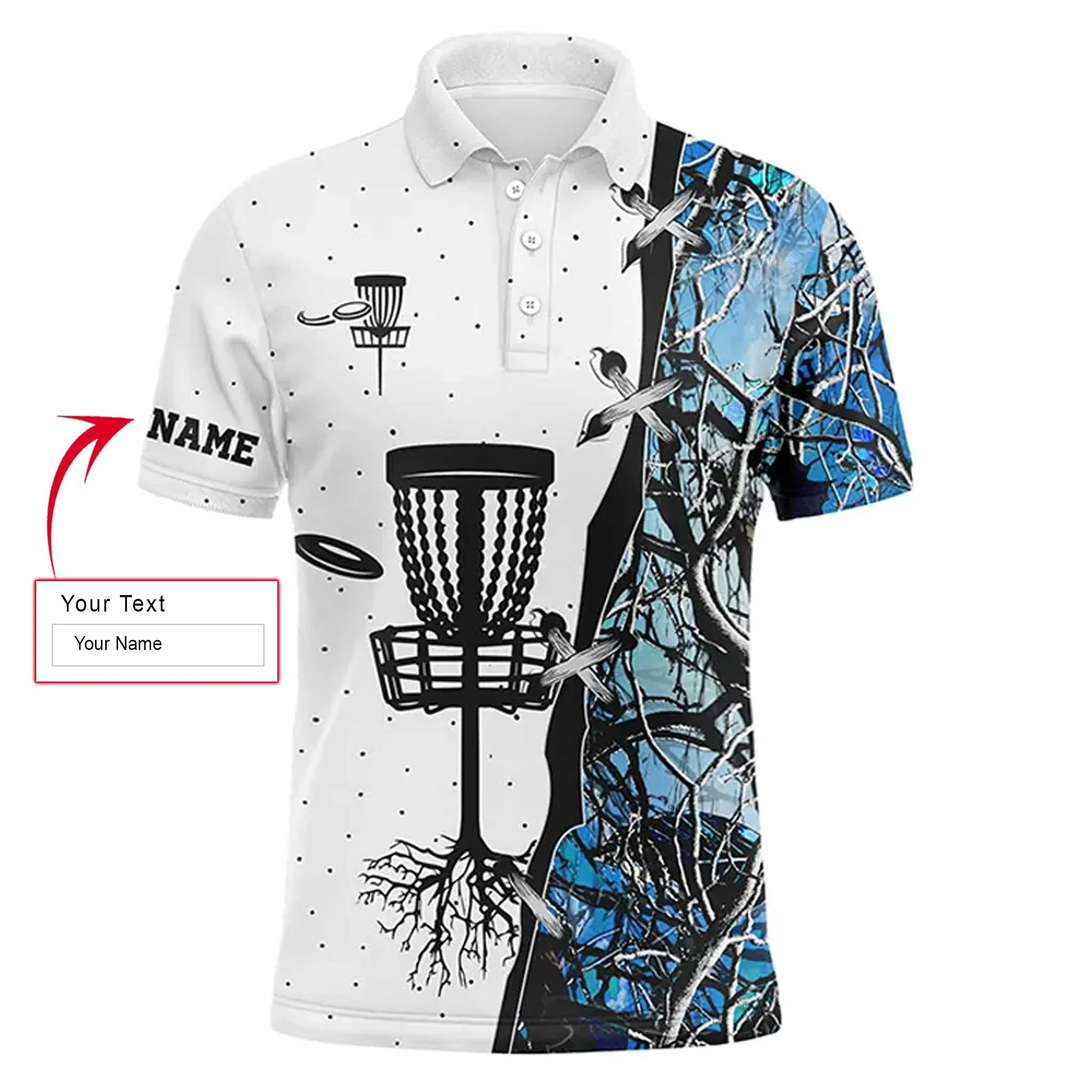 Custom Disc Golf Long Sleeve Men Polo Shirt - Custom Name Blue Black Camo Disc Golf Basket Apparel Men Polo Shirt For Men, Disc Golf Lover - Image 3