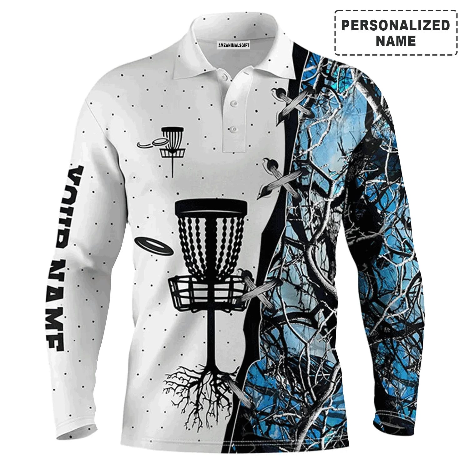 Custom Disc Golf Long Sleeve Men Polo Shirt - Custom Name Blue Black Camo Disc Golf Basket Apparel Men Polo Shirt For Men, Disc Golf Lover - Image 5