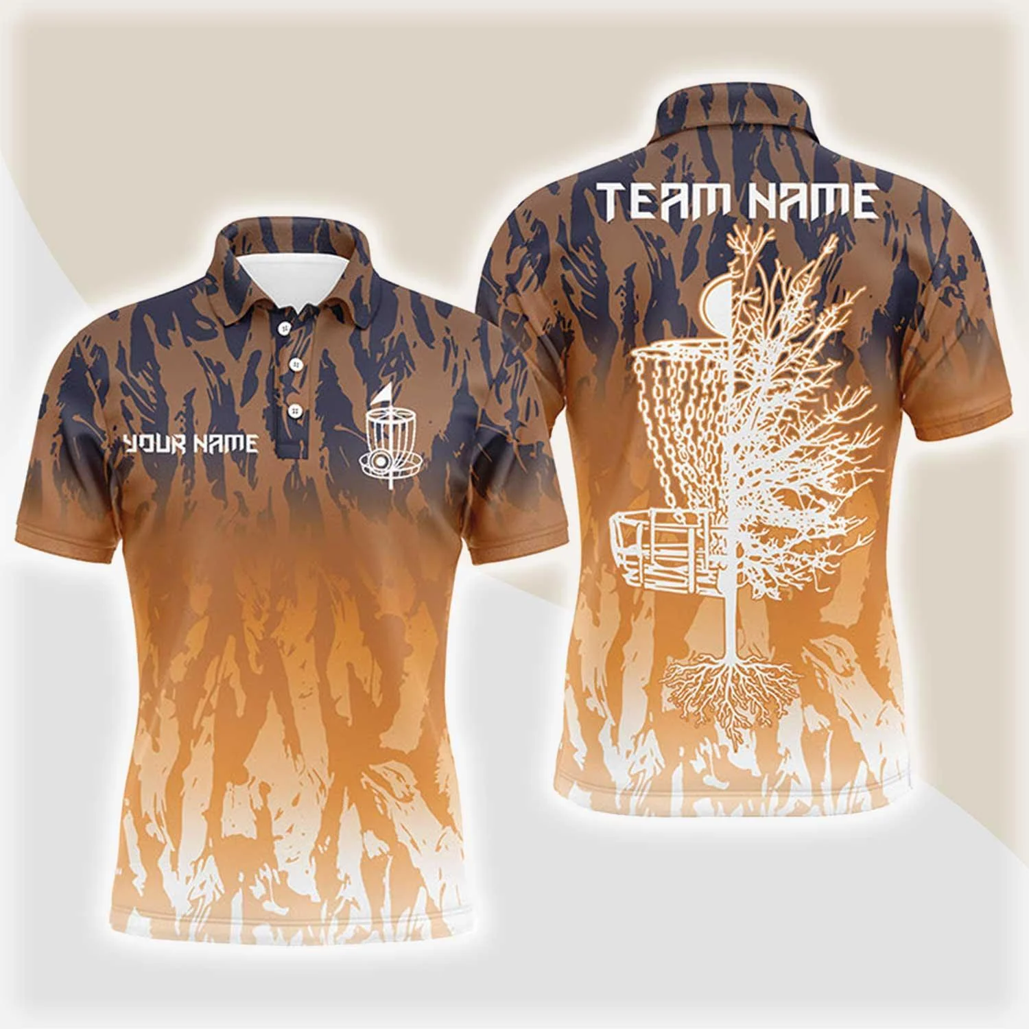 Custom Disc Golf Long Sleeve Men Polo Shirt - Custom Name Orange Camo Disc Golf Basket Apparel - Personalized Gift For Men, Disc Golf Lover - Image 3