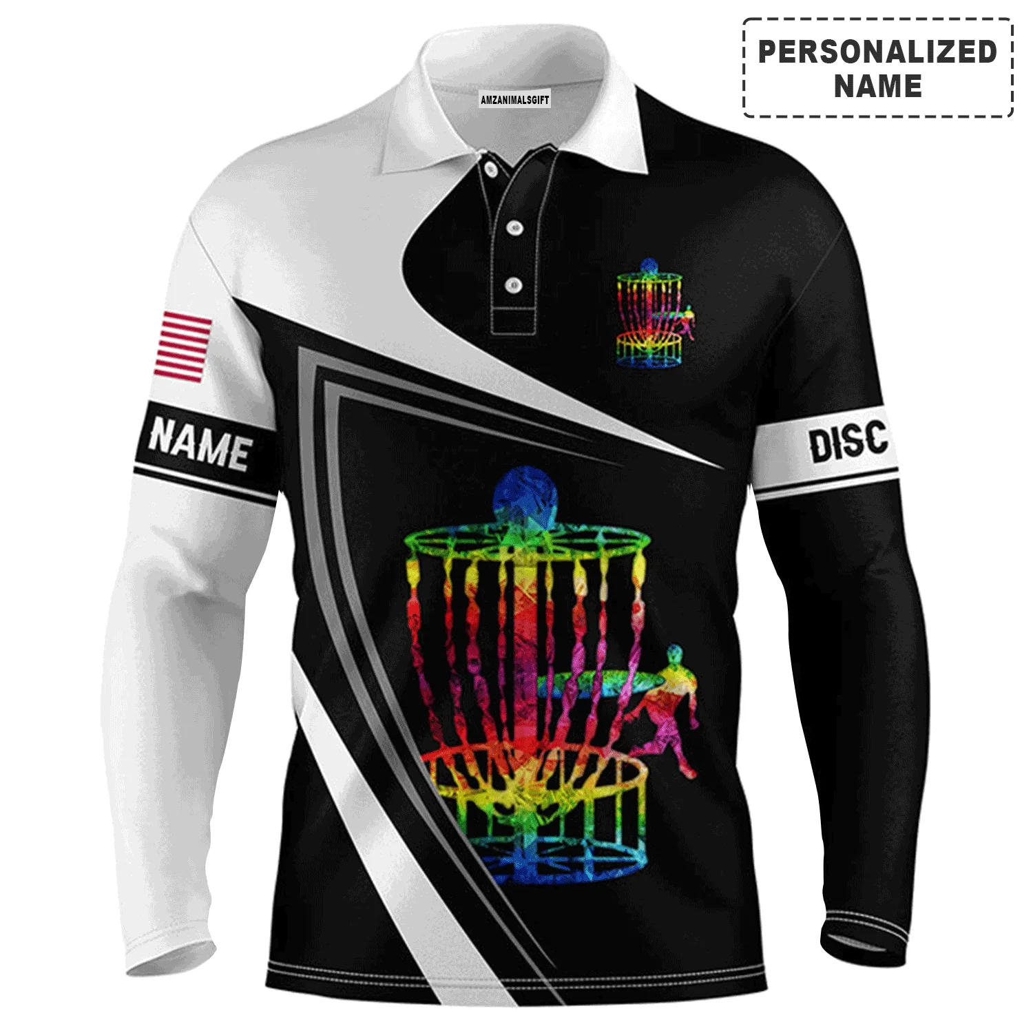 Custom disc Golf Long Sleeve Men Polo Shirt , Custom Name Watercolor Basket Black and White Apparel - Perfect Gift For Men, Disc Golf Lover - Image 2