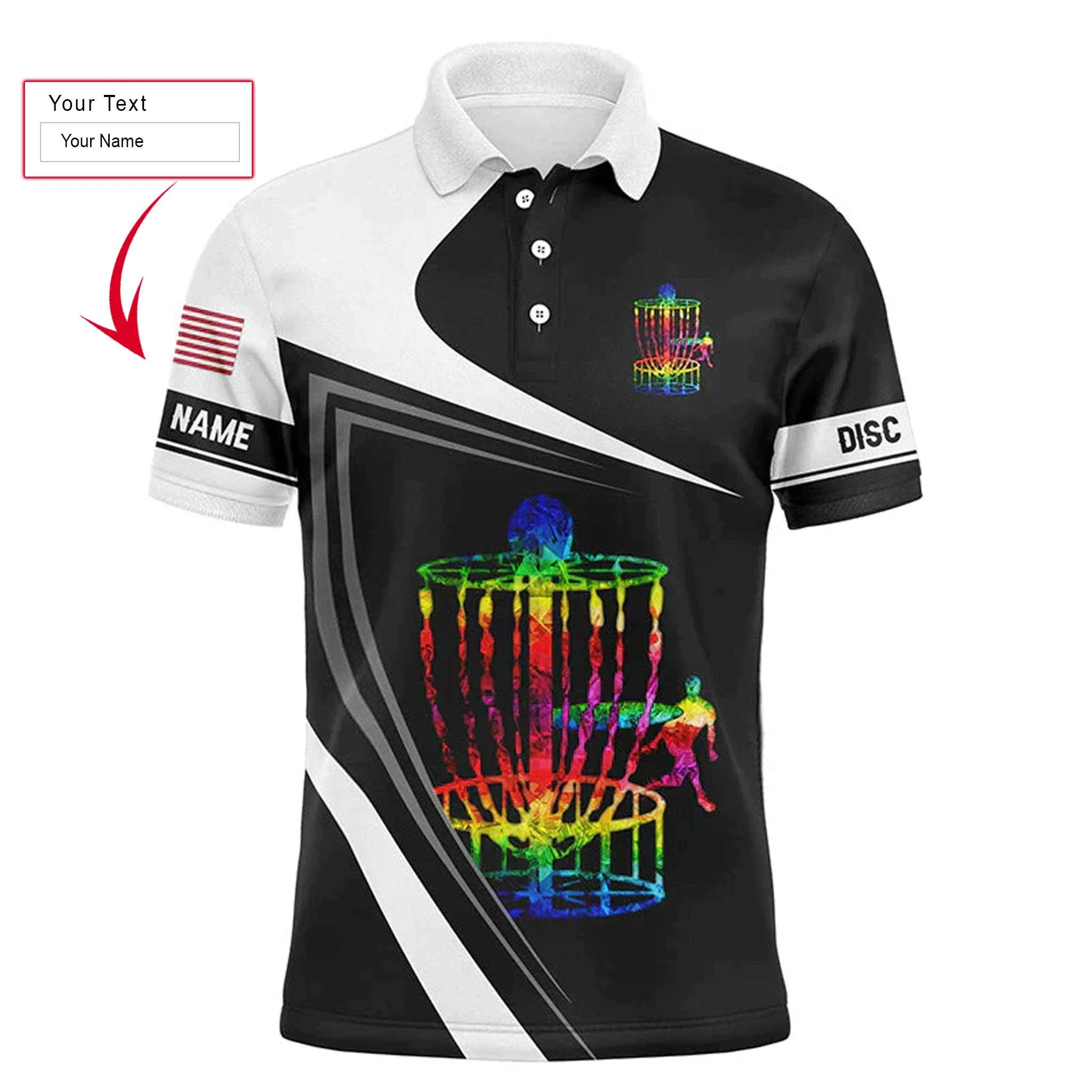 Custom disc Golf Long Sleeve Men Polo Shirt , Custom Name Watercolor Basket Black and White Apparel - Perfect Gift For Men, Disc Golf Lover - Image 3