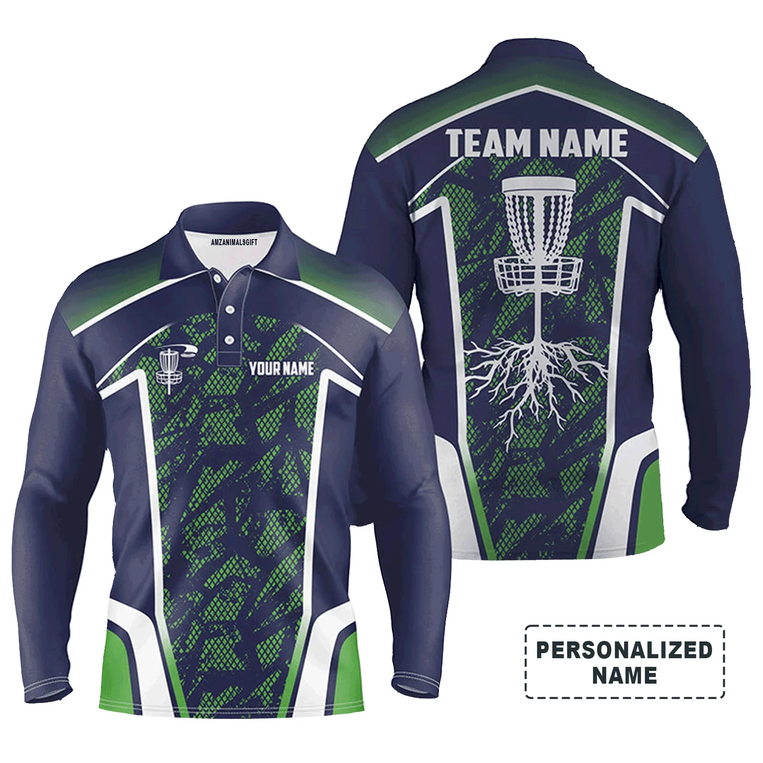 Custom Disc Golf Long Sleeve Men Polo Shirt - Disc Golf Custom Name and Team Men Polo Shirt- Hole Blue Green Camo Apparel - Perfect Polo Shirt For Men - Image 2
