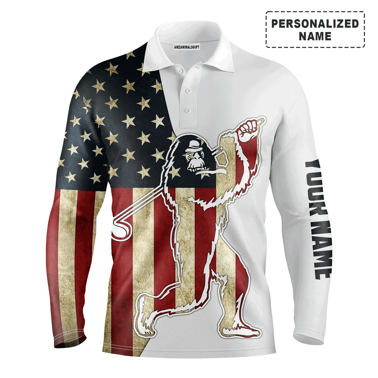 Custom Disc Golf Men Polo Shirt - Custom Name American Flag Sasquatch Playing Apparel Men Polo Shirt - Perfect Polo Shirt For Men, Disc Golf Lover - Image 3