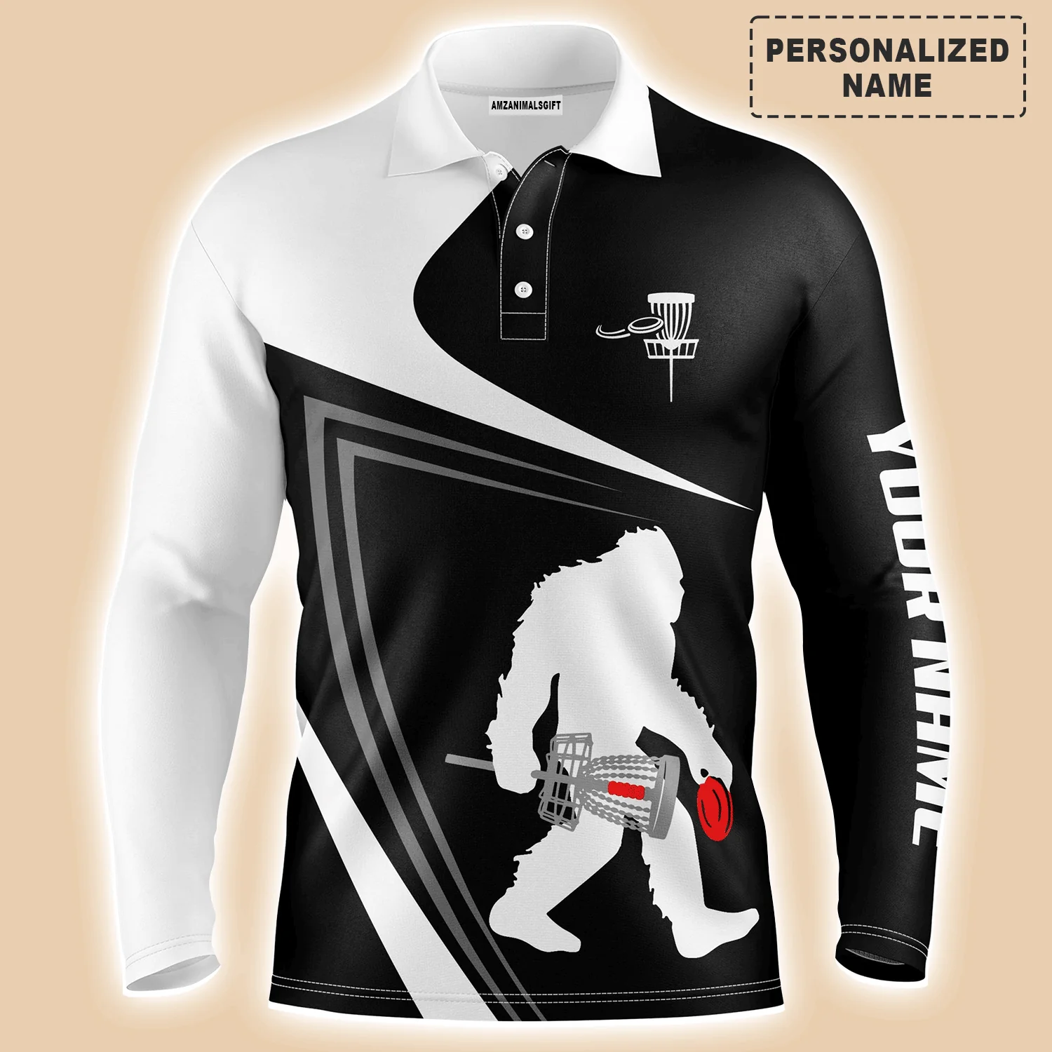 Custom Disc Golf Men Polo Shirt - Custom Name Black And White Bigfoot Sasquatch Funny Apparel Men Polo Shirt - Perfect Polo Shirt For Men, Disc Golf Lover - Image 3