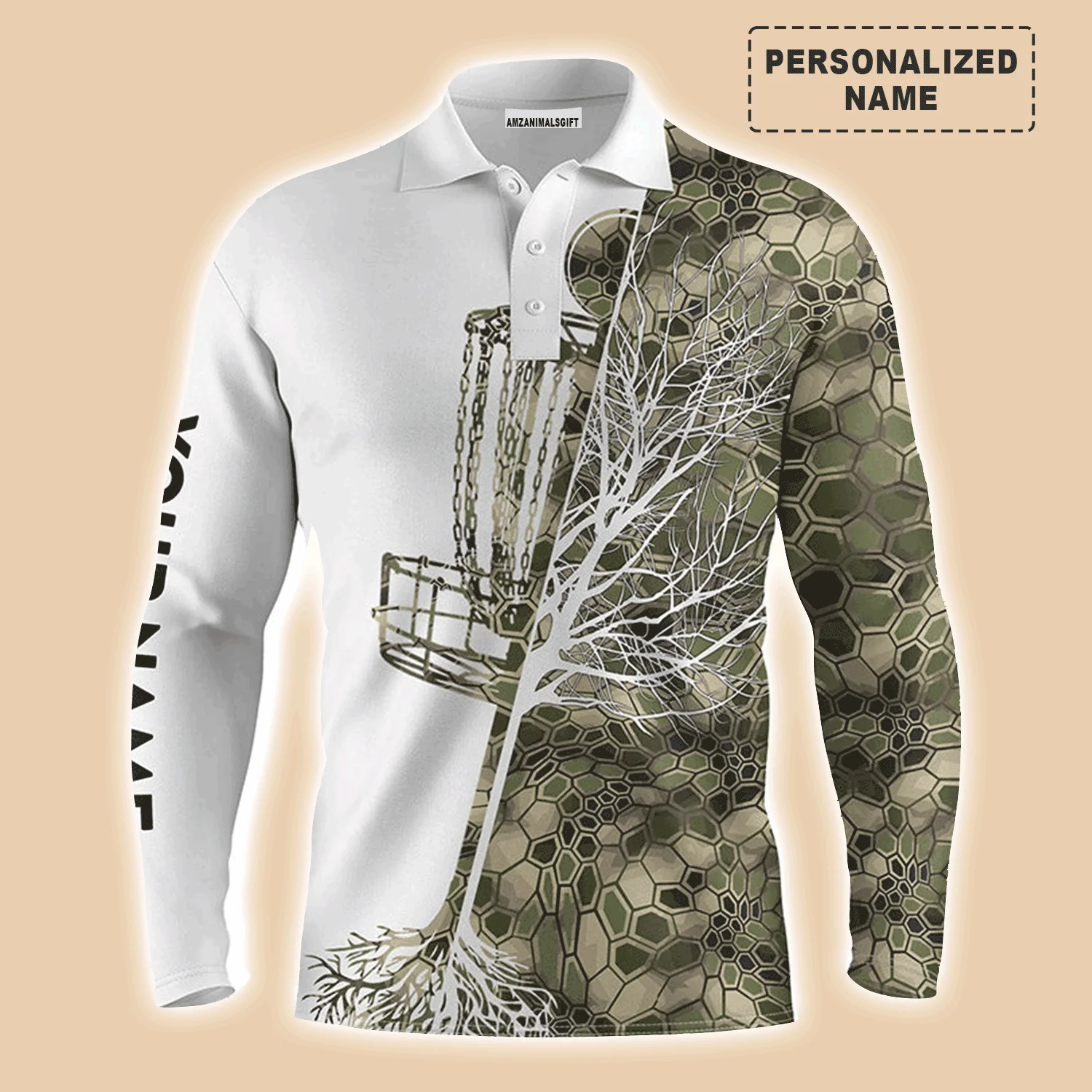 Custom Disc Golf Men Polo Shirt - Funny Custom Name Green Camo Disc Golf Basket Apparel - Personalized Gift For Disc Golf Lover, Men, Husband, Team - Image 3