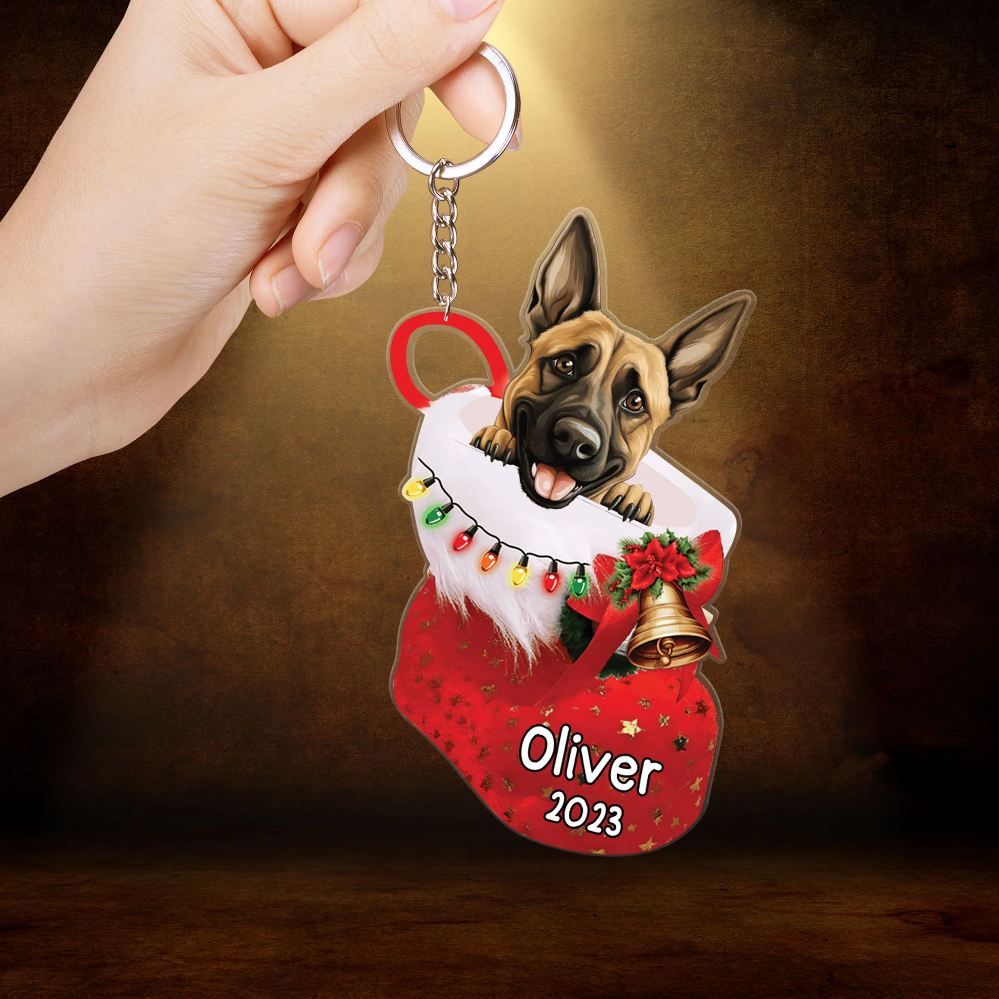 Custom Dog Acrylic Christmas Keychain, Personalized Belgian Malinois in Christmas Stocking Acrylic Keychain for Dog Lover, New Year - Image 2