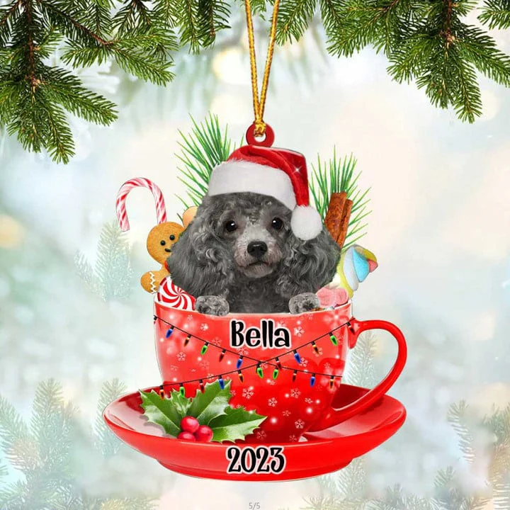 Custom Dog Acrylic Christmas Ornament, Personalized Silver Miniature Poodle & Santa Hat In Red Cup Acrylic Ornament for Dog Lover