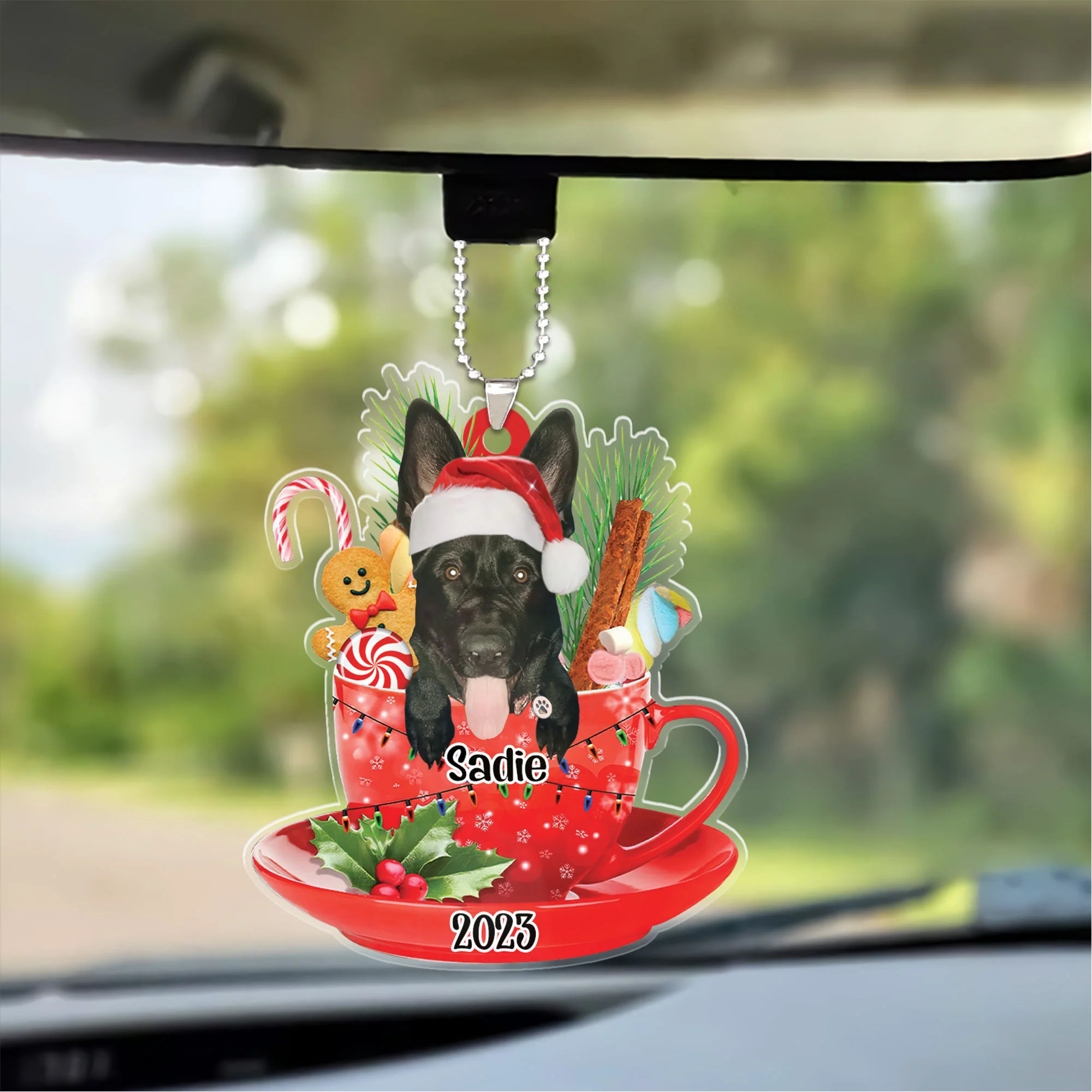 Custom Dog Christmas Car Ornament, Personalized Black German Shepherd In Red Cup Car Ornament for Dog Lover, Christmas, New Year - Image 2