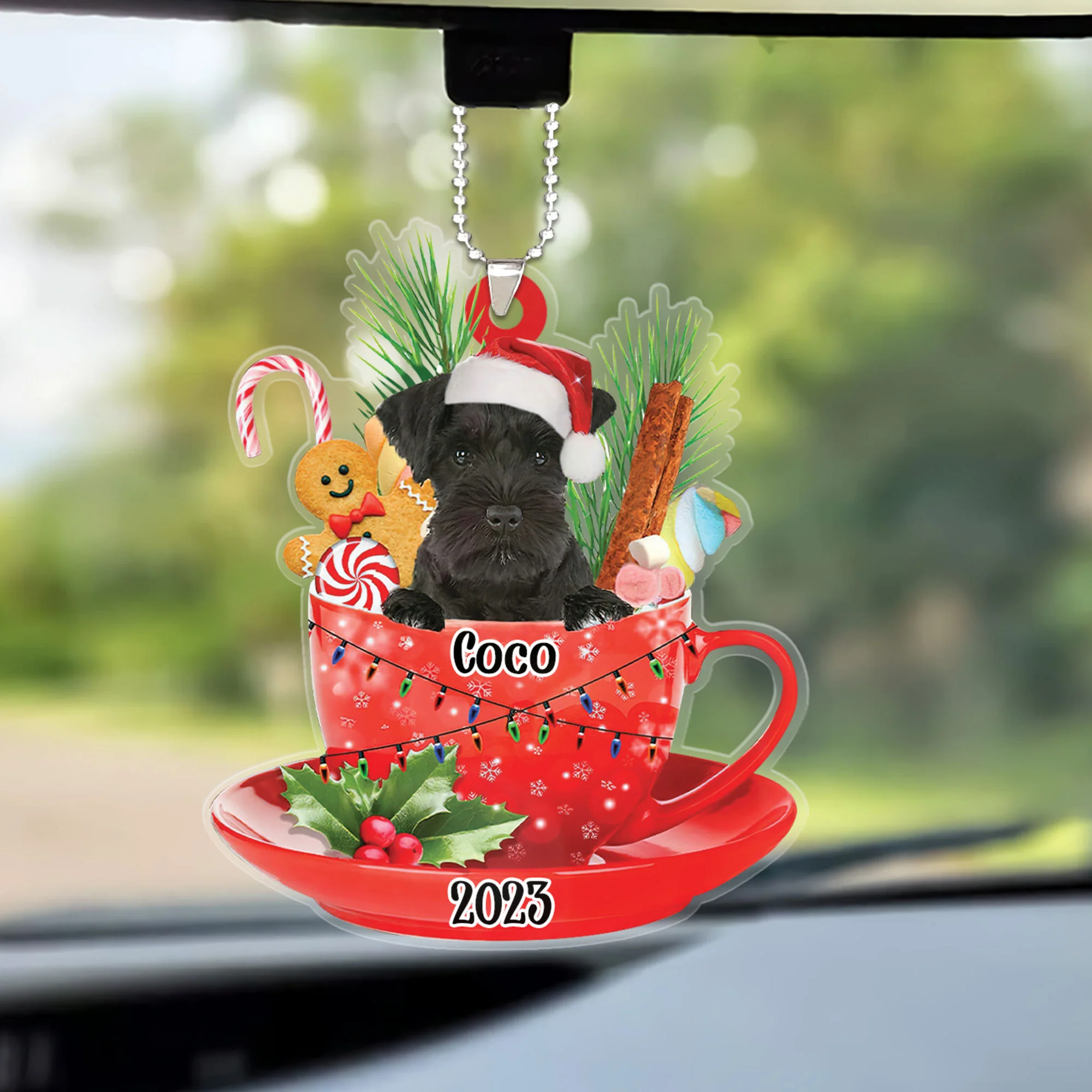 Custom Dog Christmas Car Ornament, Personalized Black Miniature Schnauzer & Santa Hat In Red Cup Car Ornament for Dog Lover, Christmas, New Year - Image 2