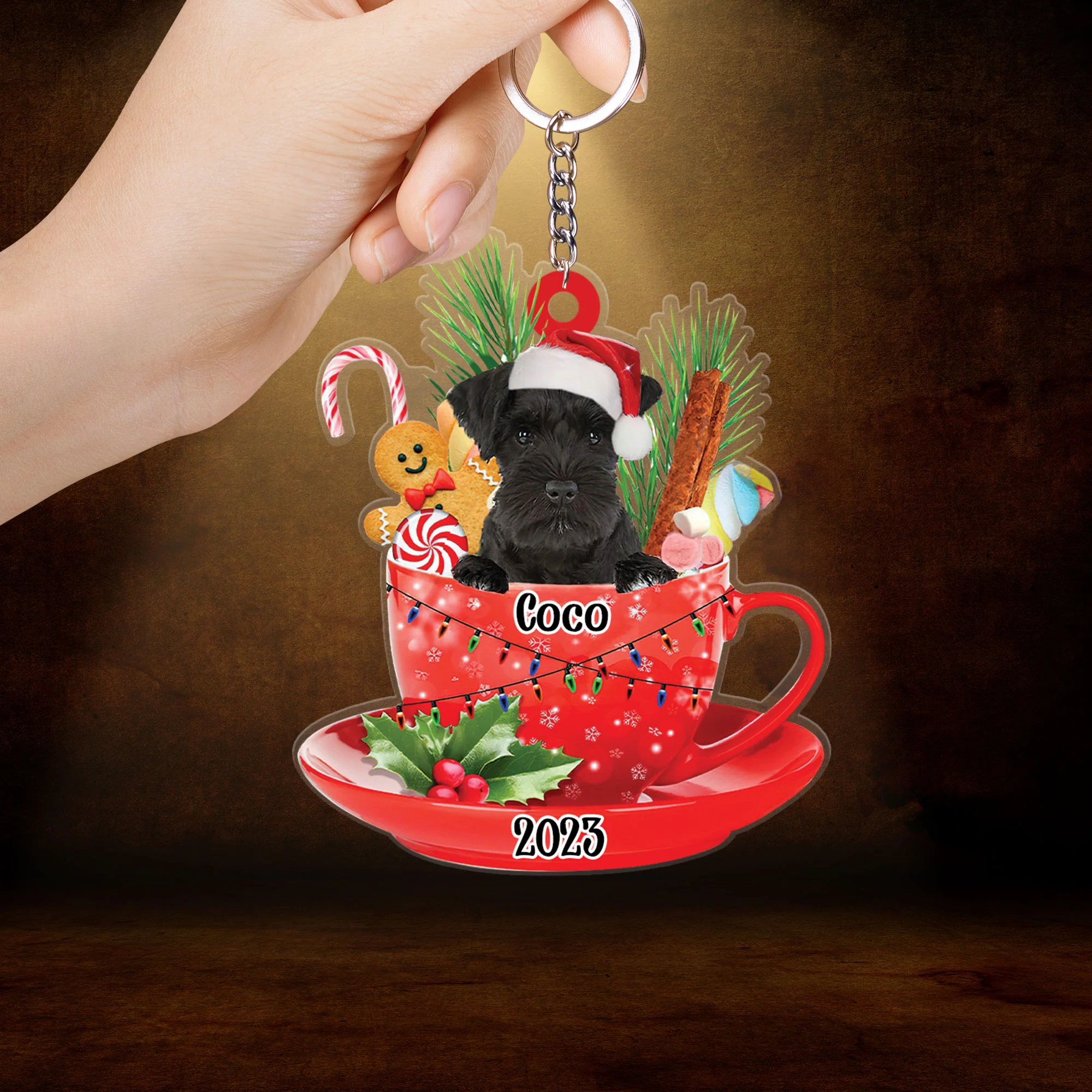 Custom Dog Acrylic Christmas Ornament, Personalized Black Miniature Schnauzer & Santa Hat In Red Cup Acrylic Ornament for Dog Lover, Christmas, New Year - Image 4