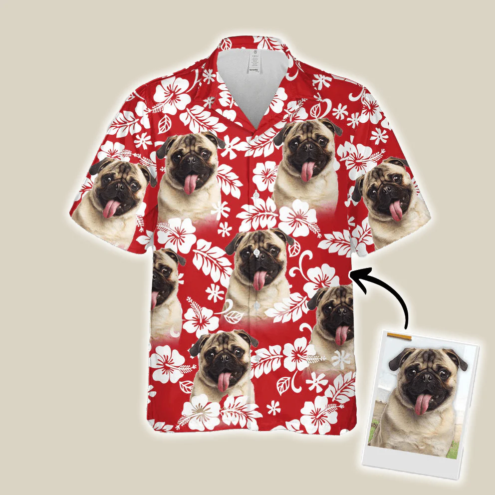 Custom Dog Face Aloha Hawaiian Shirts With Dog Face - Leaves Flowers Pattern Red Color Aloha Shirt - Personalized Hawaiian Shirts & Tops For Men Women - Image 2