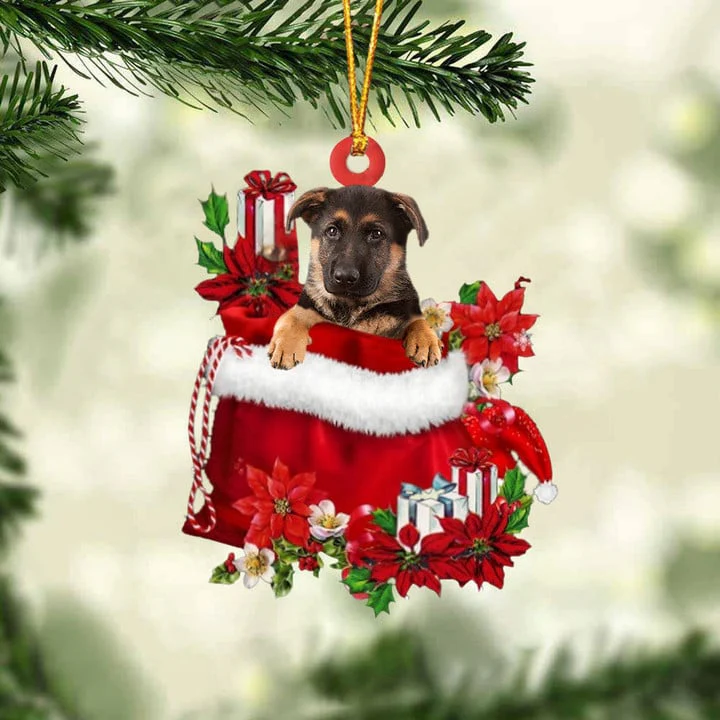 Custom German Shepherd In Red Gift Bag Acrylic Christmas Ornament, Personalized Name Christmas Gift For Dog Lovers, Dog Mom