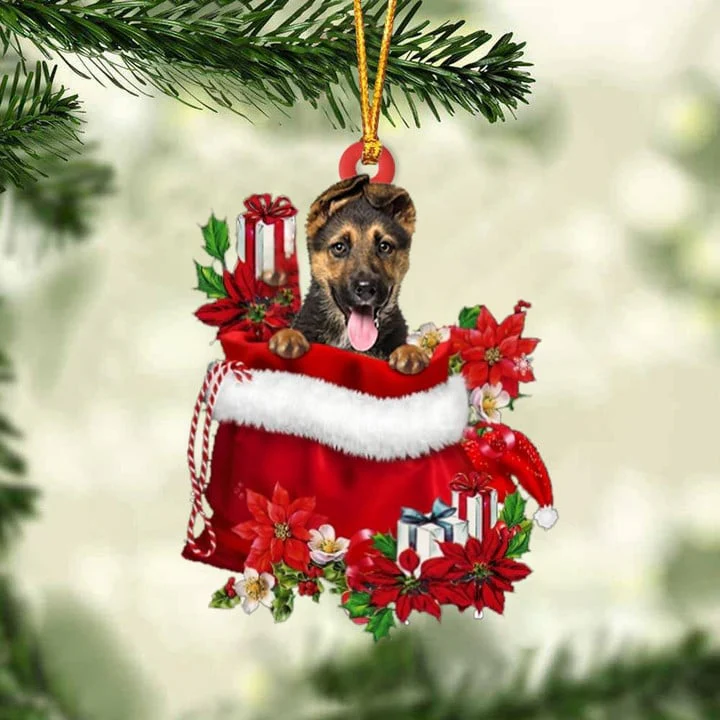 Custom German Shepherd In Red Gift Bag Acrylic Christmas Ornament, Personalized Name Christmas Gift For Dog Lovers, Dog Mom - Image 2