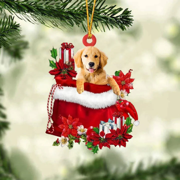 Custom Golden Retriever In Red Gift Bag Acrylic Christmas Ornament, Personalized Name Christmas Gift For Dog Lovers, Dog Mom - Image 3