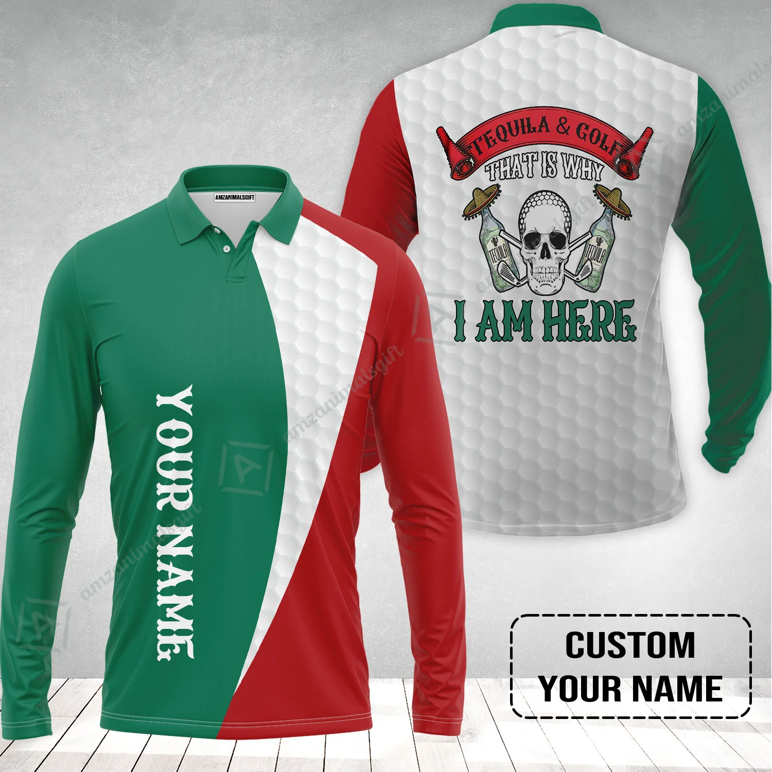Custom Golf Long Polo Shirt - Golf Men Custom Name Polo Shirt, Tequila & Golf, Skull Golf Custom Long Polo Shirt - Image 2