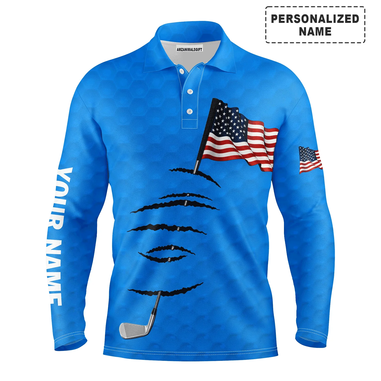 Custom Golf Long Sleeve Men Polo Shirt - American Flag 4th July Custom Name Blue Men Golf Polo Shirt - Perfect Polo Shirt For Men, Golfers - Image 2
