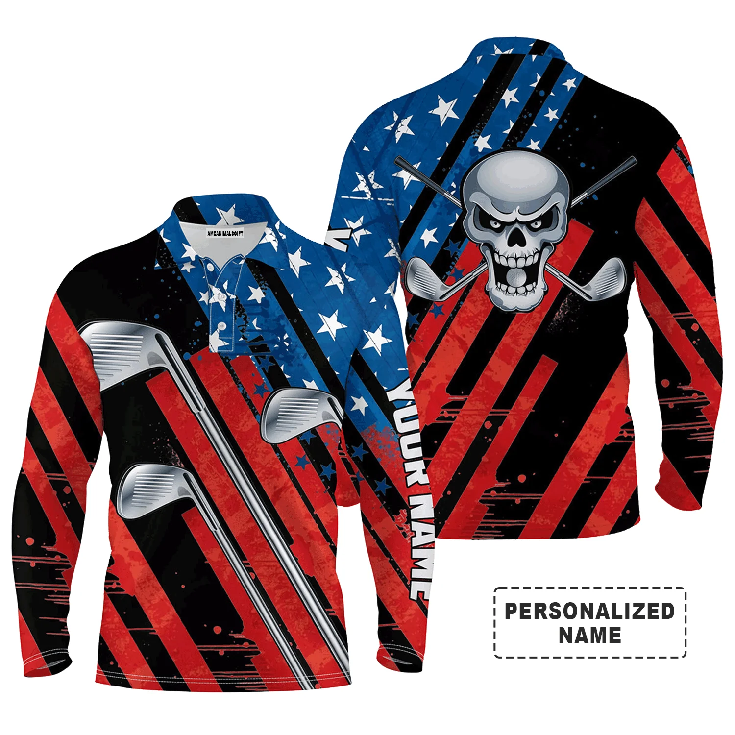 Custom Golf Long Sleeve Men Polo Shirt - American Flag 4th July Skull Golf Clubs Custom Name Apparel - Personalized Gift For Men, Golf Lover - Image 2