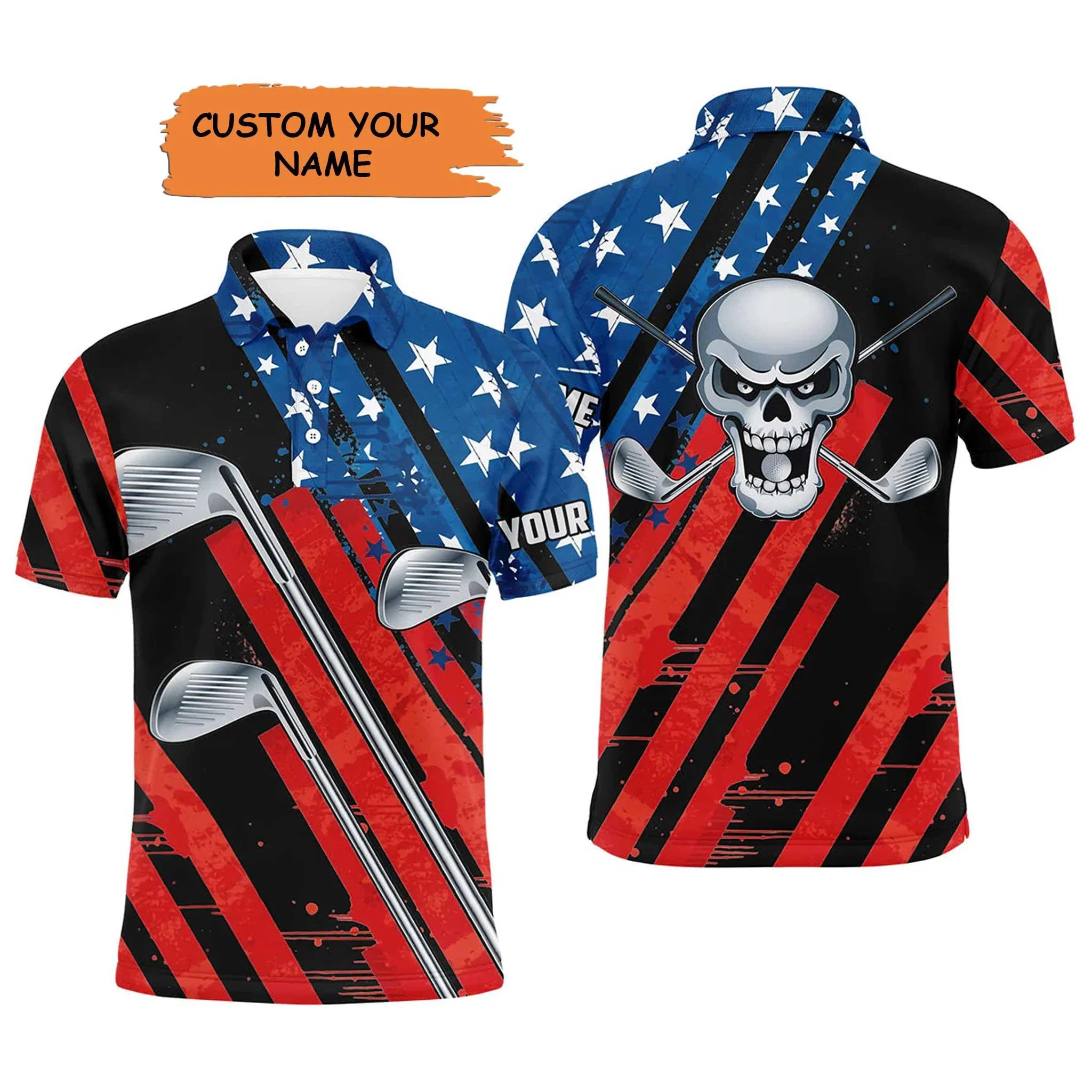 Custom Golf Long Sleeve Men Polo Shirt - American Flag 4th July Skull Golf Clubs Custom Name Apparel - Personalized Gift For Men, Golf Lover - Image 3