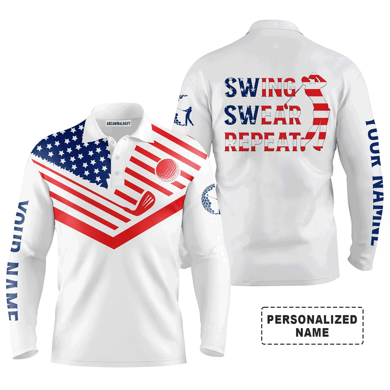 Custom Golf Long Sleeve Men Polo Shirt- American Flag 4th July , Swing Swear Repeat Men Polo Shirt - Perfect Polo Shirt For Men, Golf Lover - Image 2