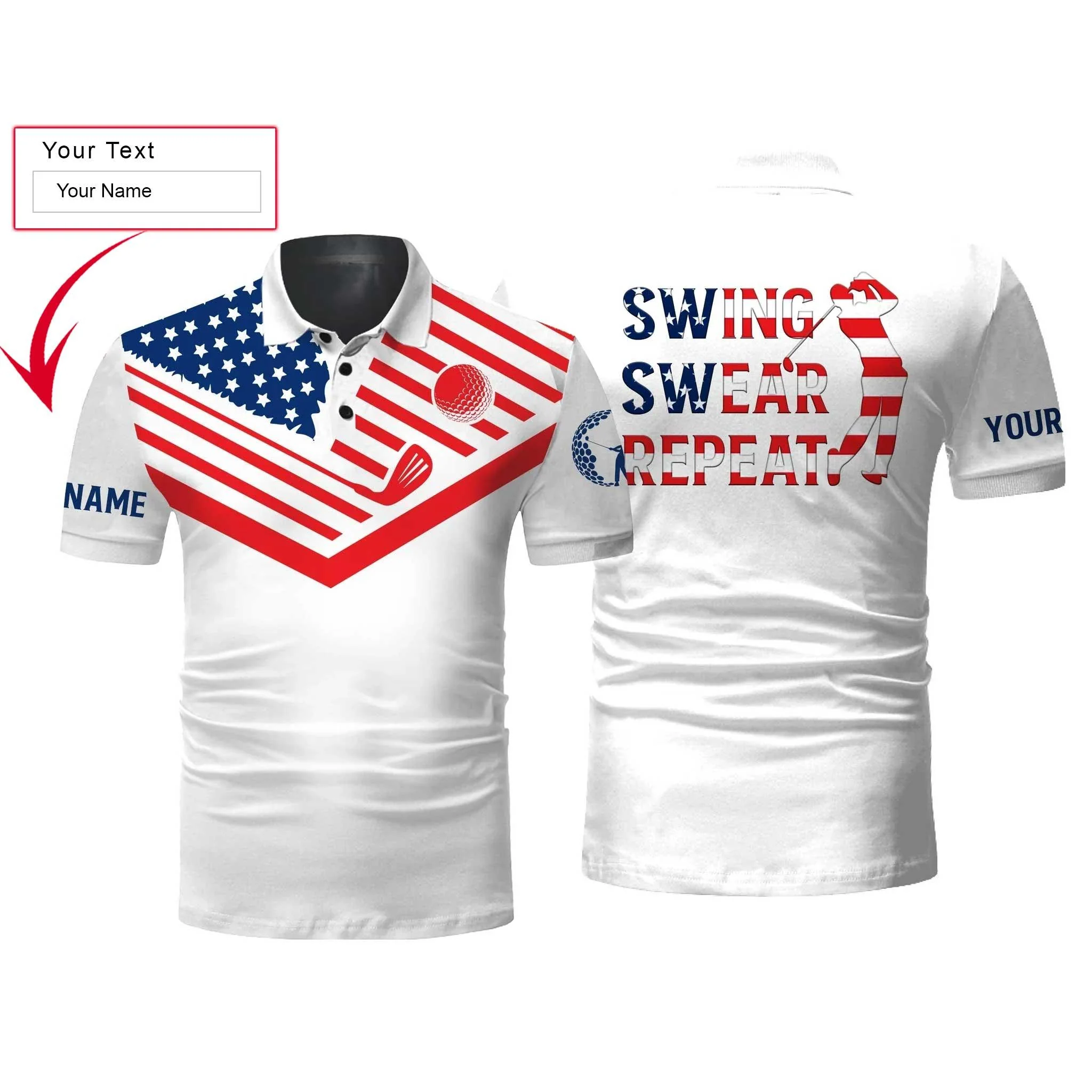 Custom Golf Long Sleeve Men Polo Shirt- American Flag 4th July , Swing Swear Repeat Men Polo Shirt - Perfect Polo Shirt For Men, Golf Lover - Image 3