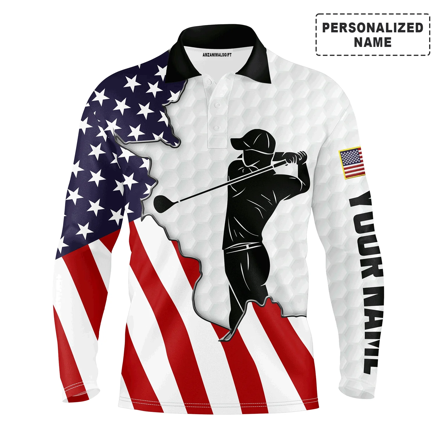 Custom Golf Long Sleeve Men Polo Shirt, American Flag 4th of July Custom Name Golf Men Polo Shirt, Best Gift For Men, Golf Lover - Image 2