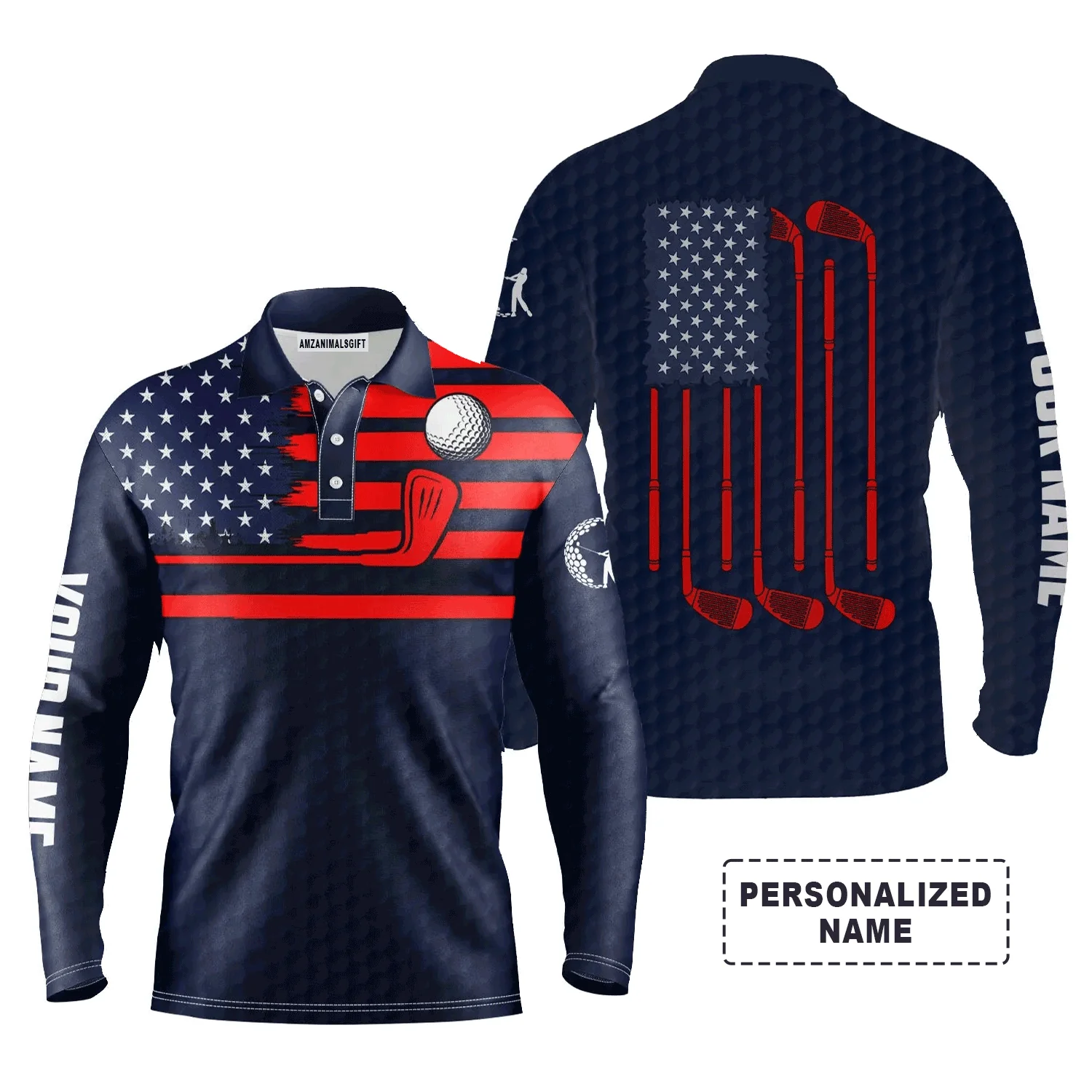 Custom Golf Long Sleeve Men Polo Shirt - American Flag Custom Name Multicolor Apparel Men Golf Polo Shirt - Perfect Polo Shirt For Men, Golf Lover - Image 11