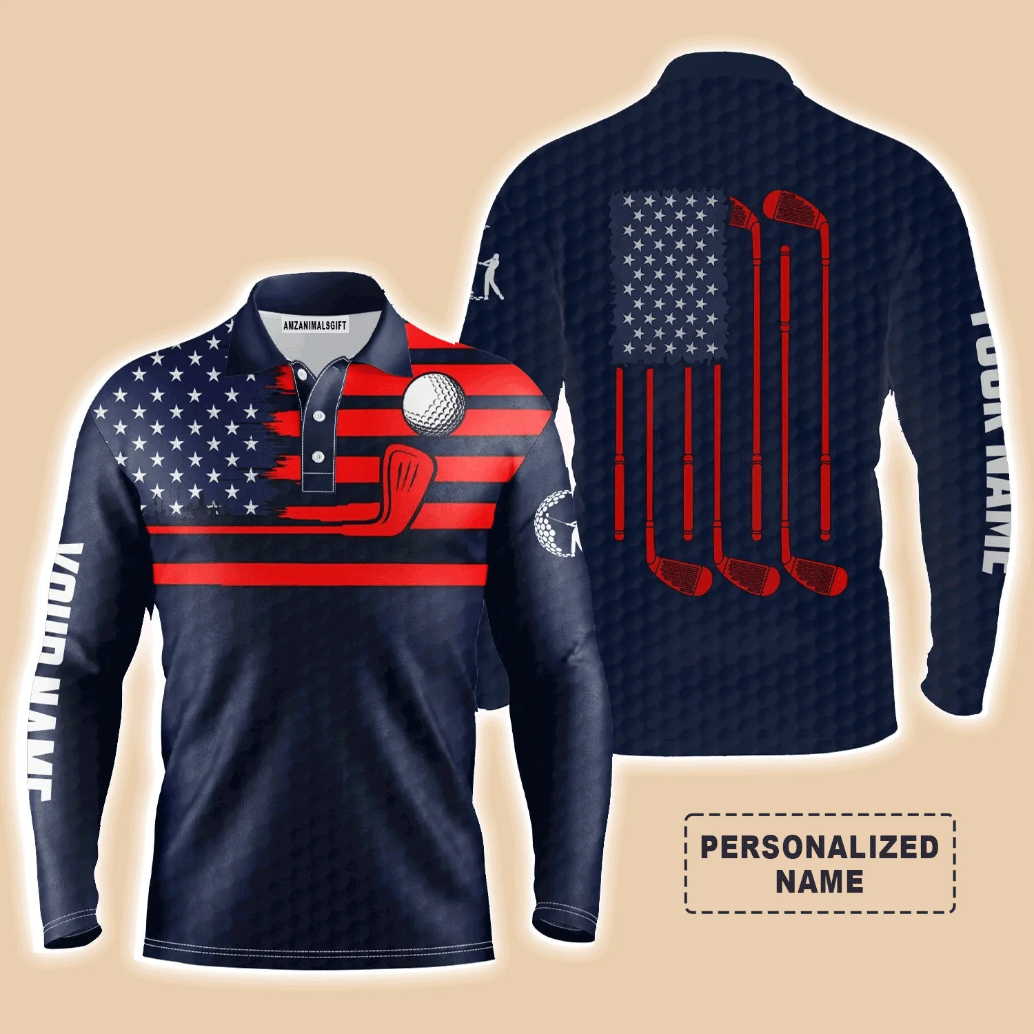 Custom Golf Long Sleeve Men Polo Shirt - American Flag Custom Name Multicolor Apparel Men Golf Polo Shirt - Perfect Polo Shirt For Men, Golf Lover - Image 2